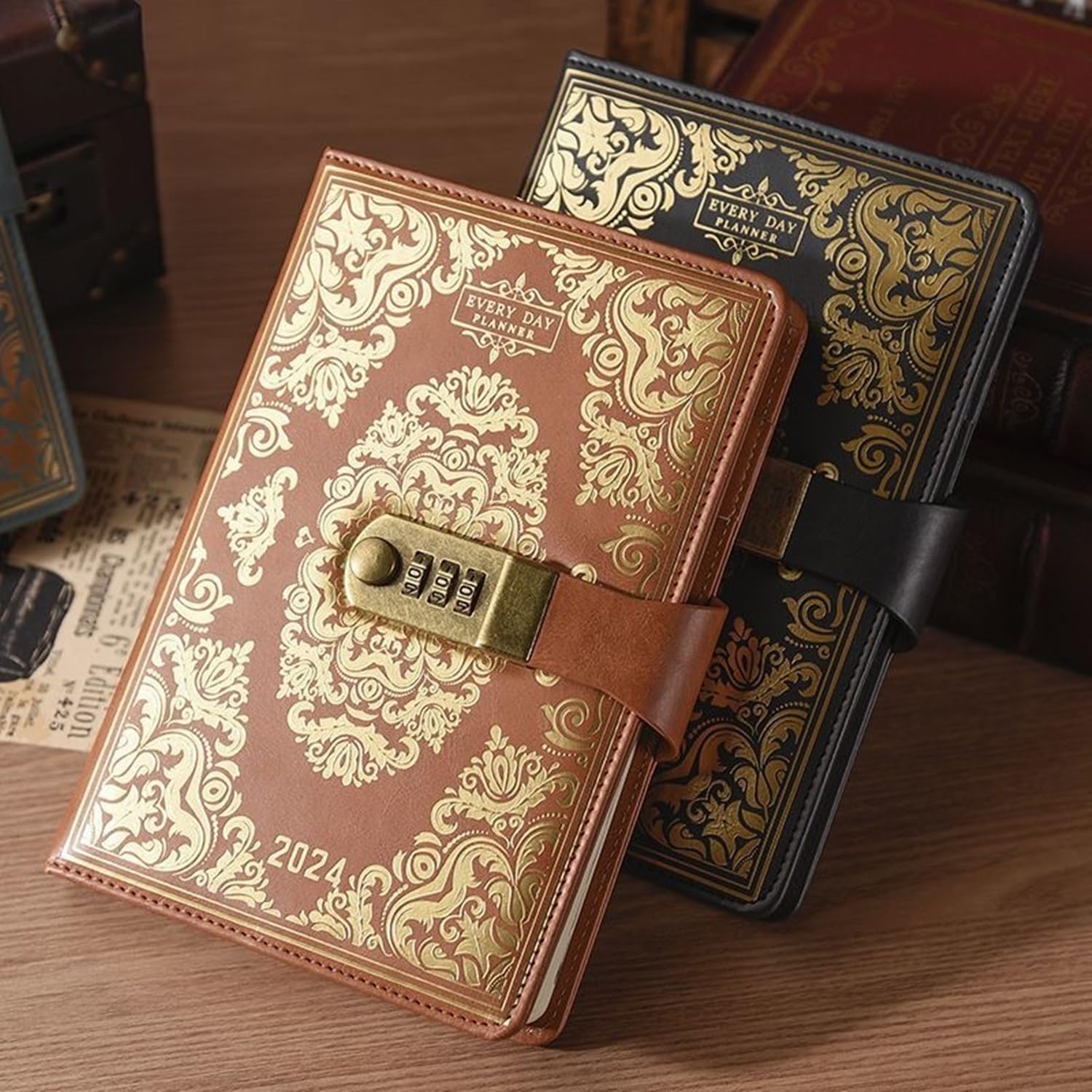 Diario A5 de 400 páginas con bloqueo de metal retro Cuaderno con contraseña Agenda Planificador Bloc de notas Plan diario mensual Horario de tareas pendientes, Diario del estudiante(Black)