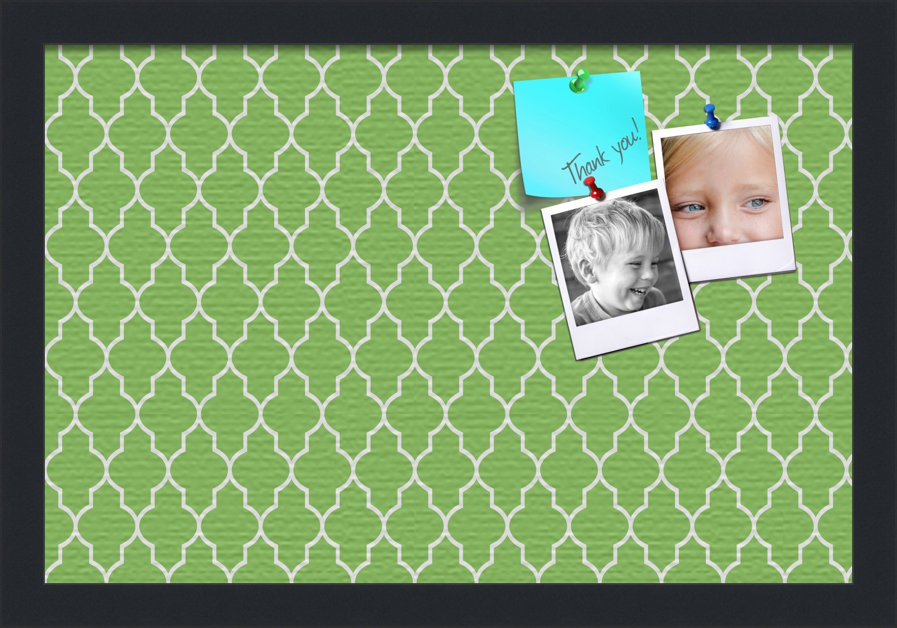 PinPix 18x12 Custom Cork Bulletin Board Quatrefoil Green Poster Board with a Canvas Style Photo Board, Framed in Satin Black (PinPix-281)