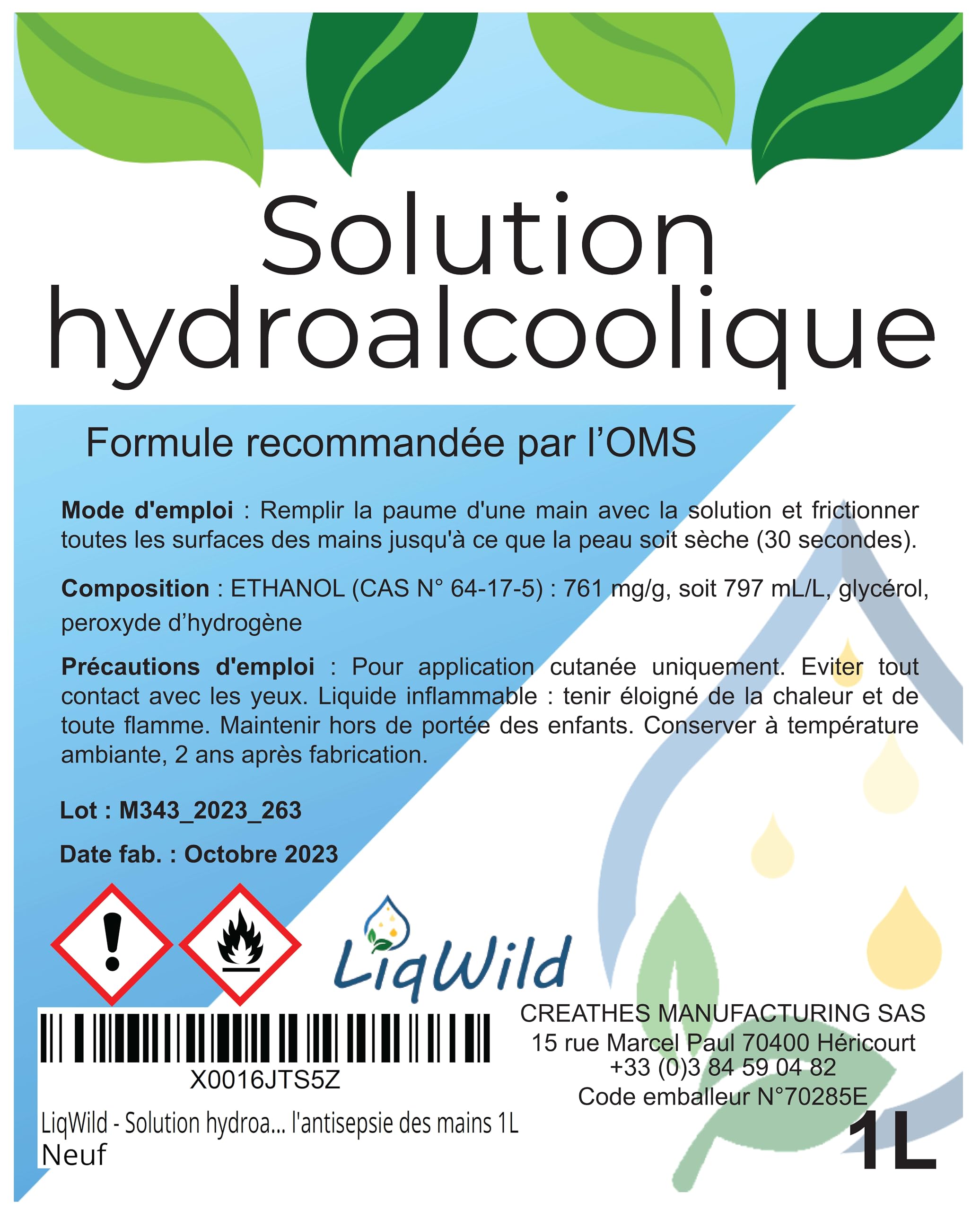 Solution hydroalcoolique pour l'antisepsie des mains 1L