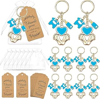 12 Sets Baby Shower Favors for Boy Blue Footprint Keychains Gifts with Bottle Baby Clothes White Organza Bags and Thank You Tags for It's a Boy Decorations Baby Shower Party Supplies (Boy)