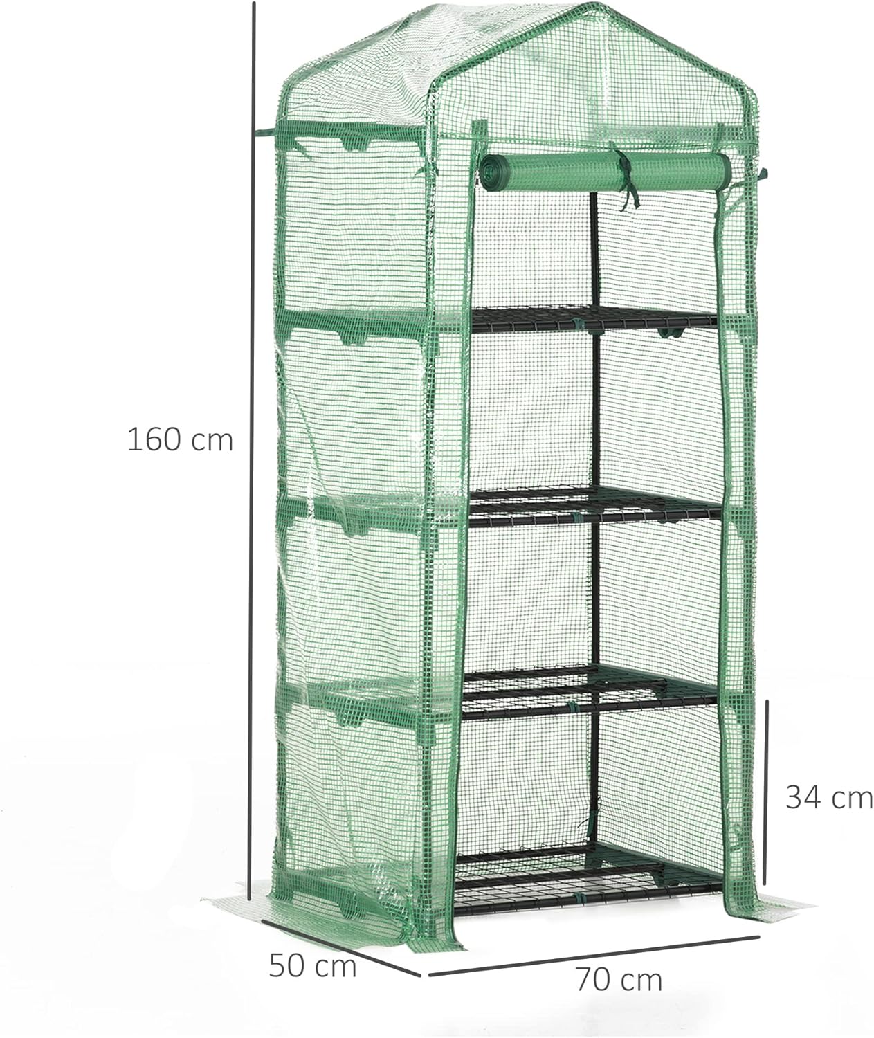 Diagram showing dimensions of the greenhouse: 160cm height, 70cm length, 50cm width
