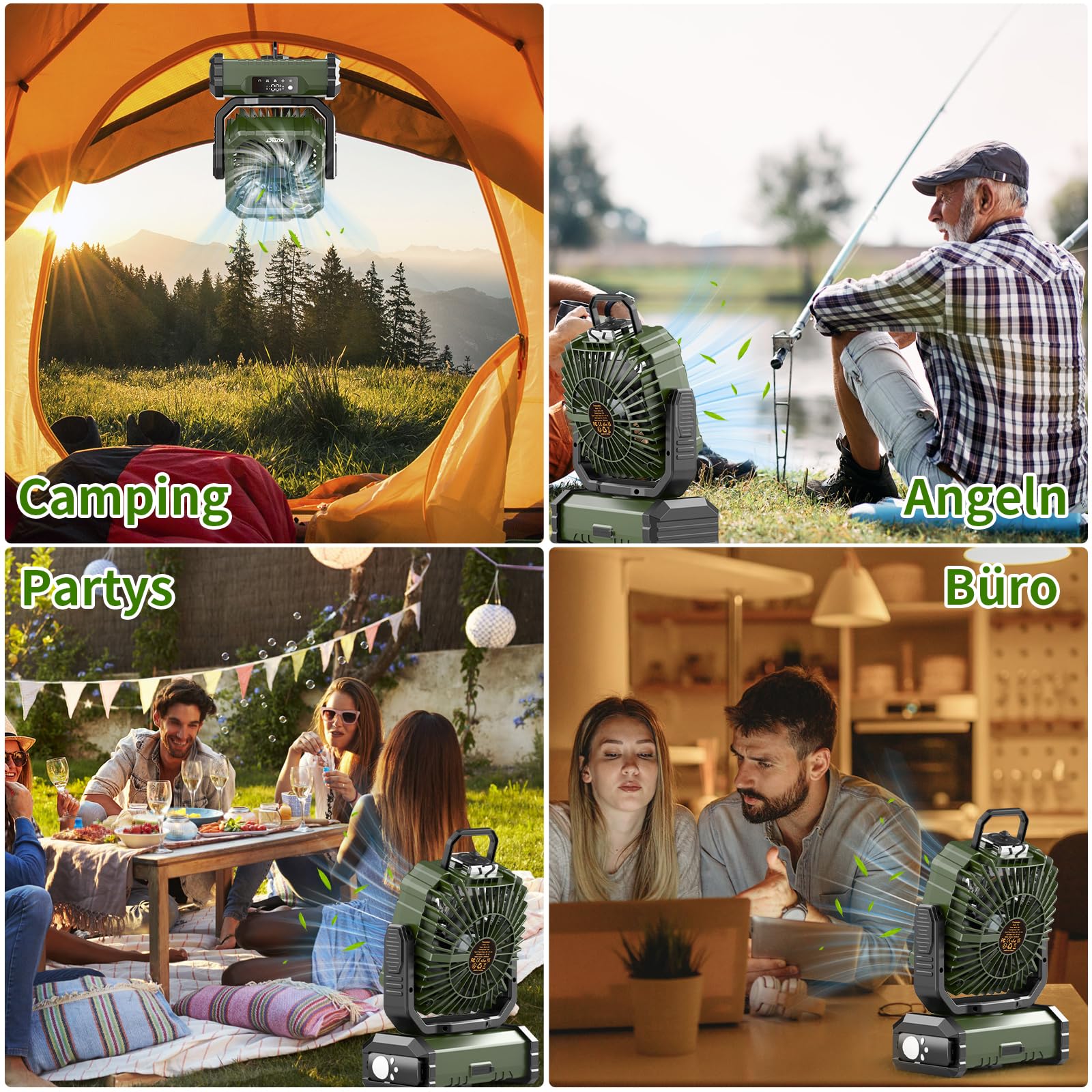 Ventilator Camping mit Sprühnebel, Akku Ventilator 20000mAh mit LED Licht, Haken, 270° Drehung, Tragbarer V-entilator für Outdoor-Enthusiasten beim Camping und Grillen - Grün