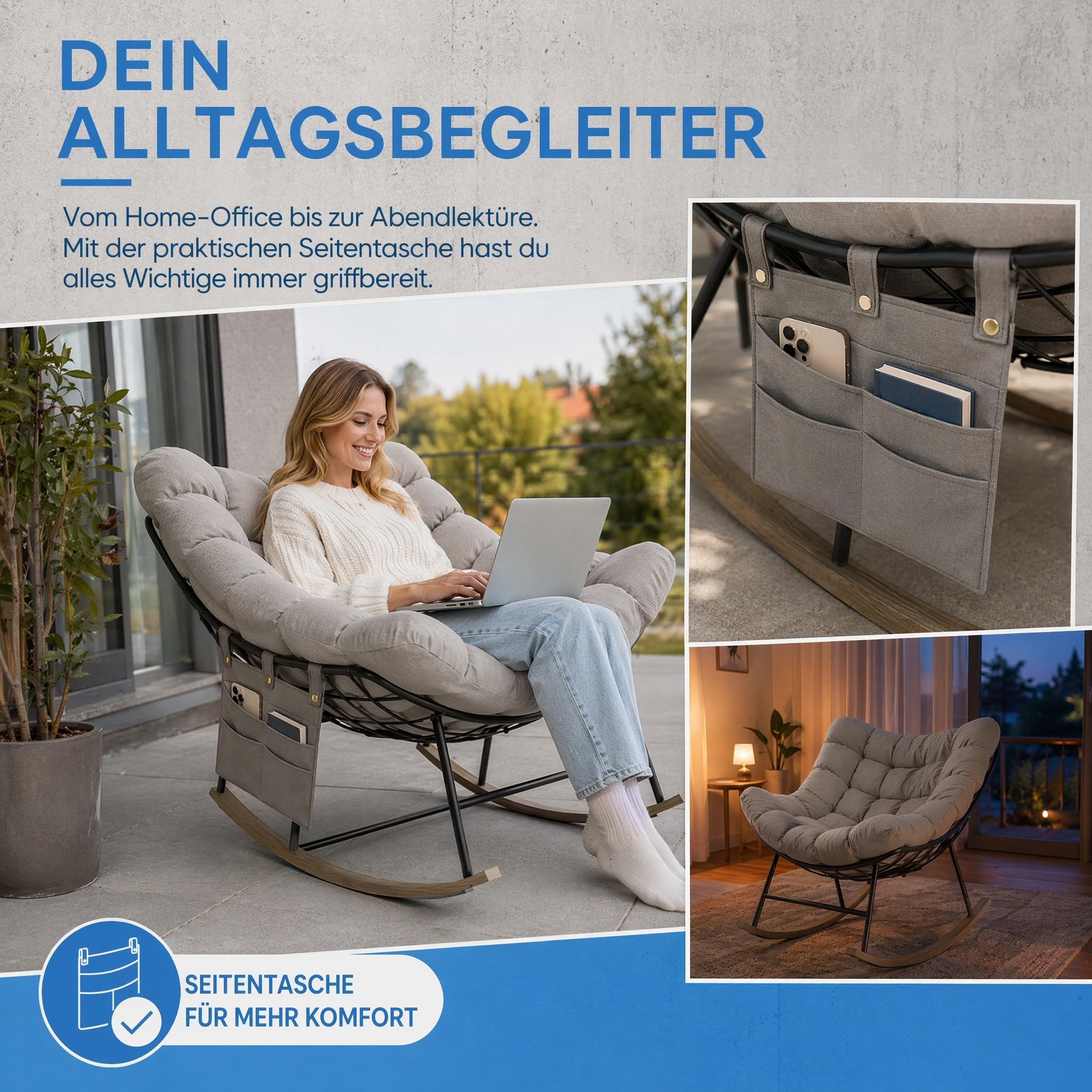 Schaukelstuhl Extrabreiter Ei-Schaukelsessel Outdoor mit Seitentasche, Relaxsessel Wippfunktion mit Abnehmbares Sitzkissen für Wohnzimmer Garten Balkon, Stahlgestell, Bis 150 kg Belastbar – Aprikose