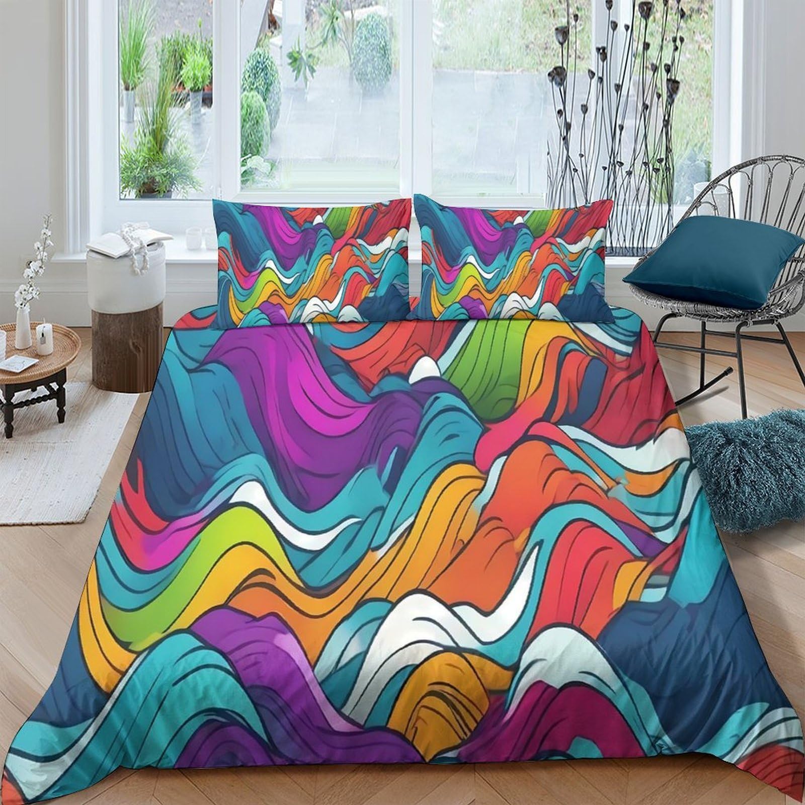 TUFRTGYHN 3D Printed Colourful Abstract Wave Duvet Cover Set Microfiber Soft Breathable with 2 Pillowcases for Bedroom Decor Single（135x200cm）