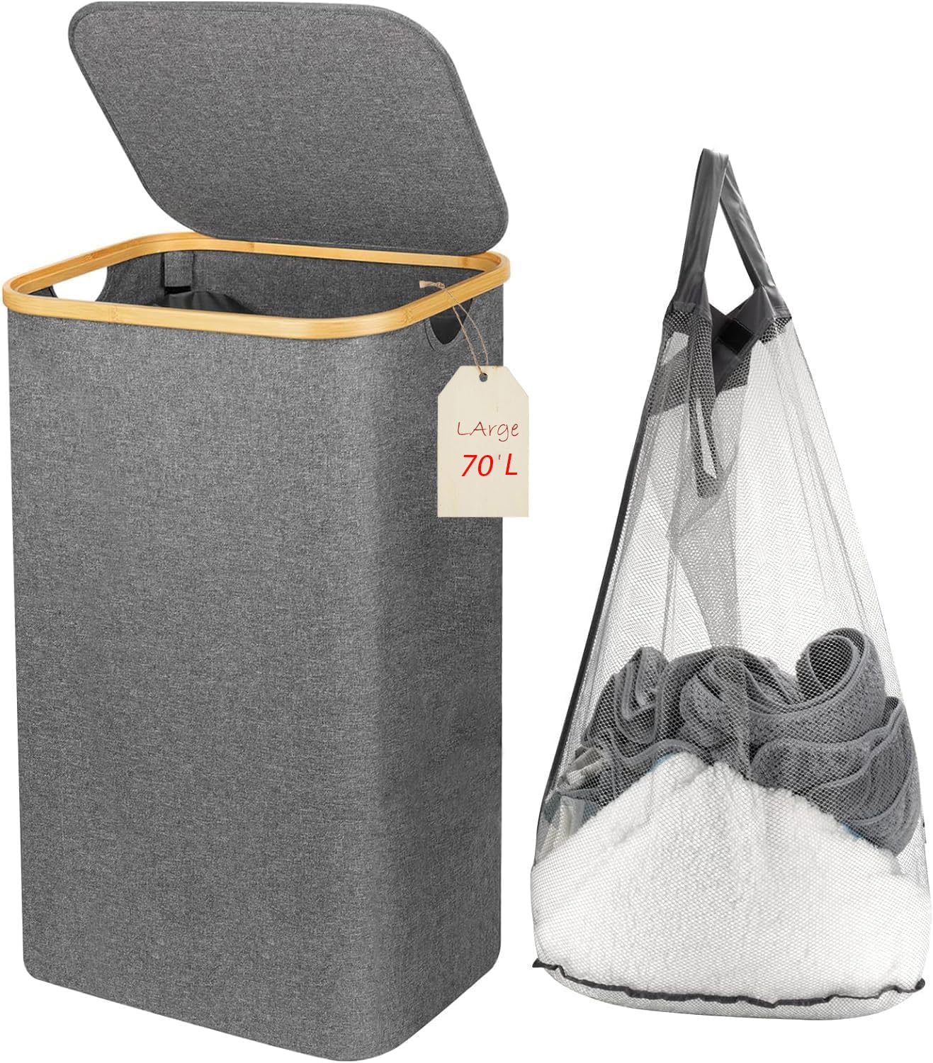 SWIFT Laundry Hamper with lid - 70L Large Laundry Basket with Bamboo Handles, Portable Clothes Hamper for Bedroom, Dorm Room, Bathroom, foldable Hamper for Toys, closet, Clothing, 44X33X49 cm (Grey)