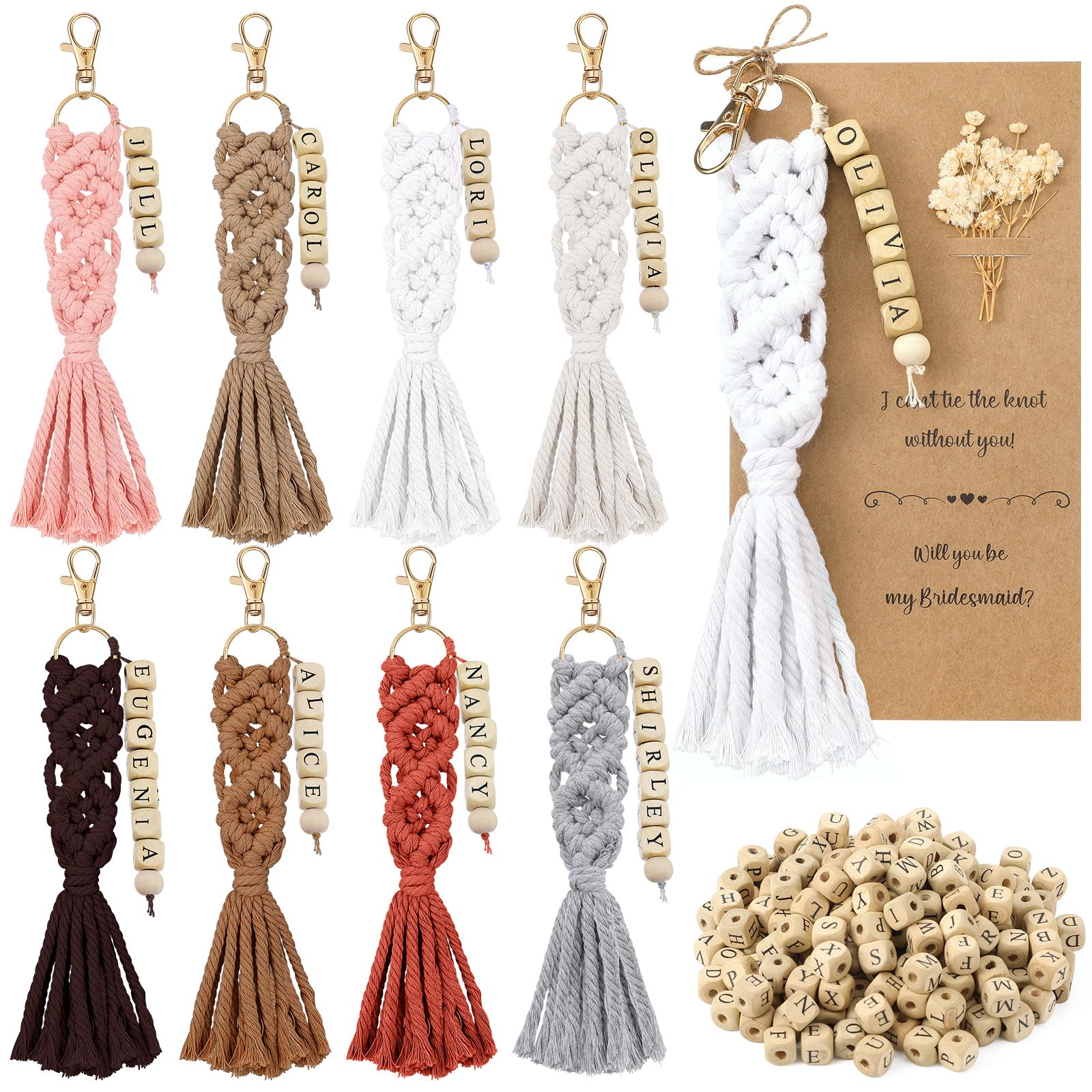 Ferreve 8 Sets Wedding Favors for Bridesmaids Boho Macrame Keychains with Bridesmaid Cards for Bridesmaid Gifts