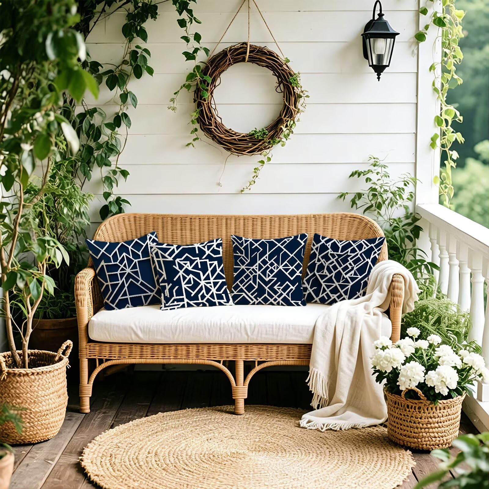 Blu Federe Cuscini Divano 60x60cm, Cuscini da Esterno Set de 4, Cod-124 | Lin Copricuscini Decorativi Letto Arredo, per Letto, Soggiorno, Giardino, Esterno, Casa Decorazione Set di 4 Linea