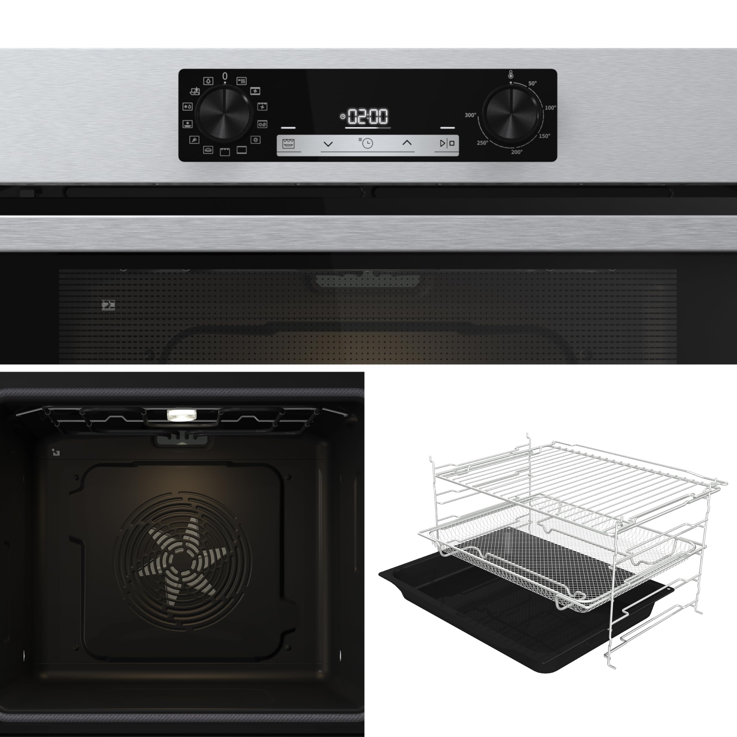 Hisense OP64211EX NUOVO Forno da Incasso Multifunzione 73 litri, Termoventilato, 3 vetri, Pulizia Pirolitica, 13 Funzioni, Pizza 300°C, AirFry, Display Touch, Guide Telescopiche, Inox con Vetro Nero