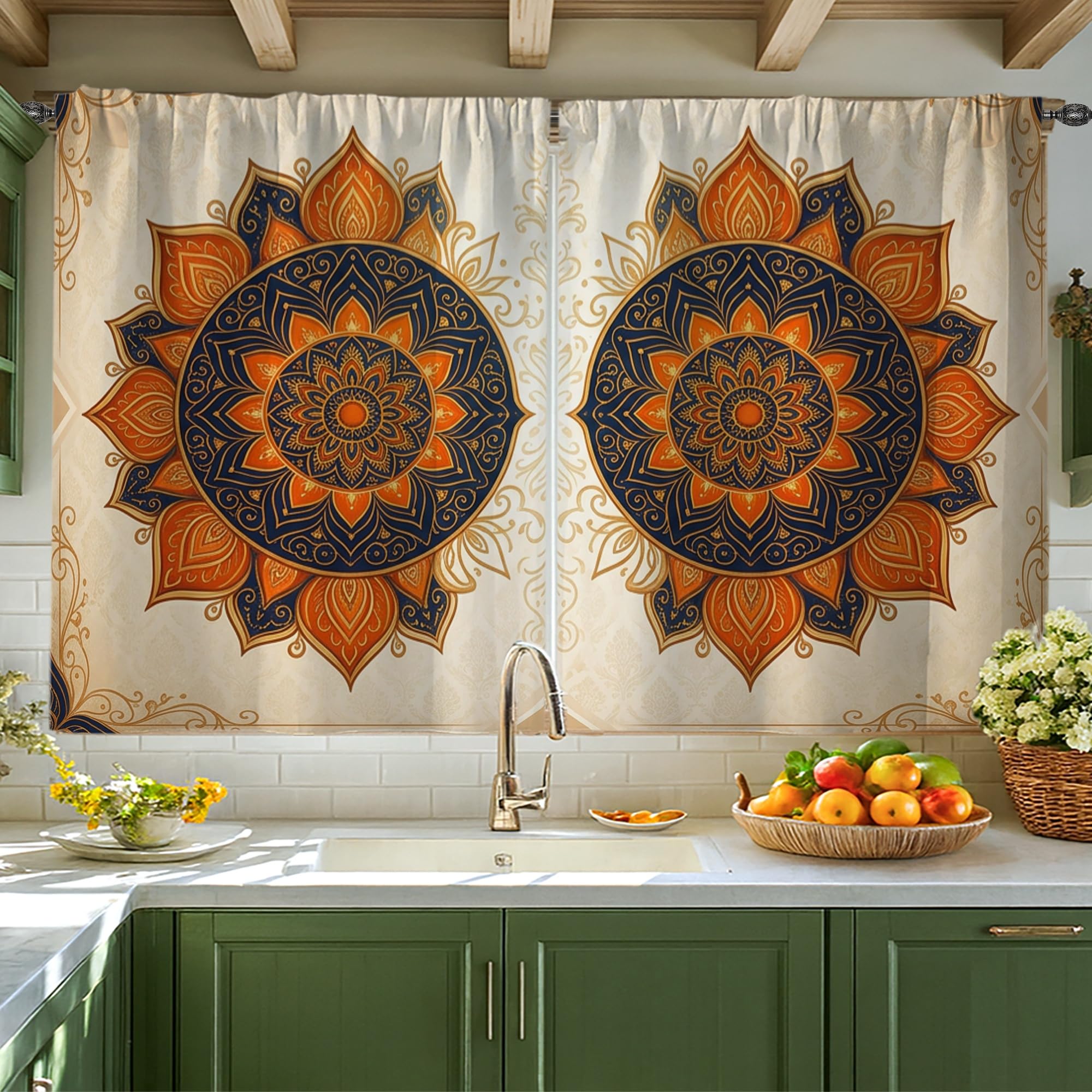 Rideaux bohèmes avec passe-tringle et imprimé mandala coloré pour petits espaces