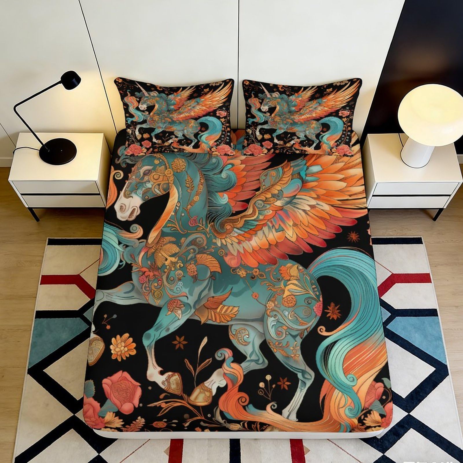 3D Printed Fantasy Pegasus Fitted Sheet Microfiber Orange Blue Floral Wings Mattress Cover for Bedroom Dorm Decor 120x200x25cm