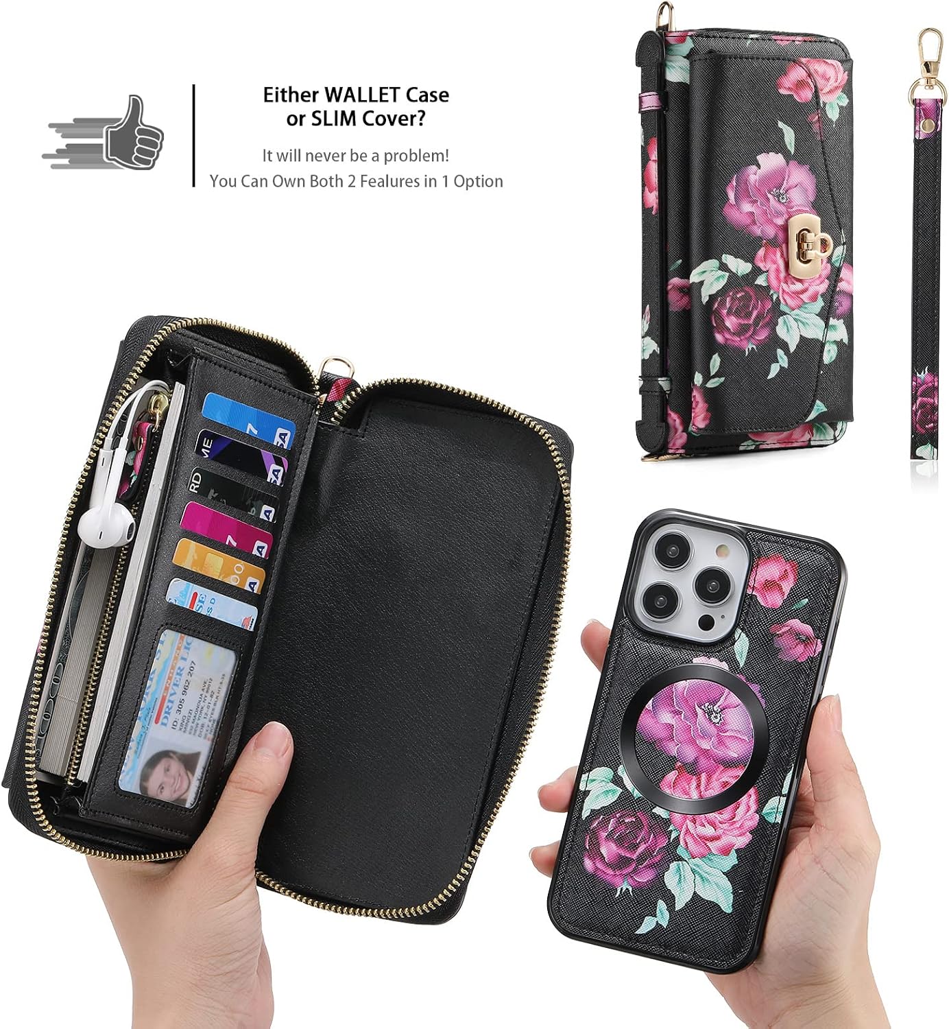 Crossbody Wallet Case for iPhone 13 Pro Max/13 Pro/13/13 Mini,Compatible with MagSafe[RFID Blocking] Detachable Magnetic PU Leather Zipper Cash Coin Pocket Multi Card Slots,Black,13 Pro