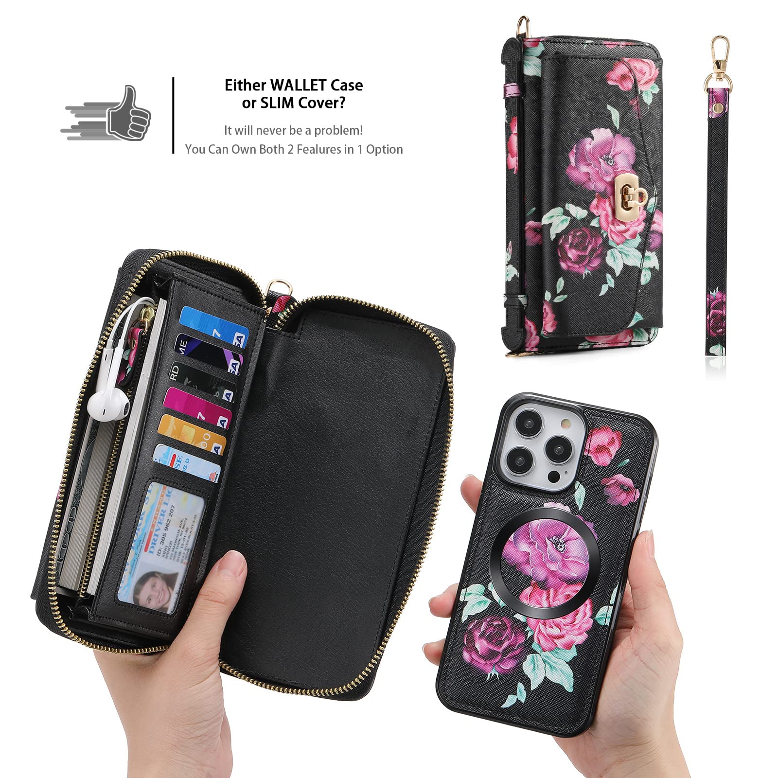 Estuche para iPhone 13 Pro MAX / 13 Pro / 13/13 Mini, [Bloqueo de RFID] Desmontable magnético PU Cuero Crossbody Cremallera Efectivo Monedero Ranuras para múltiples Tarjetas