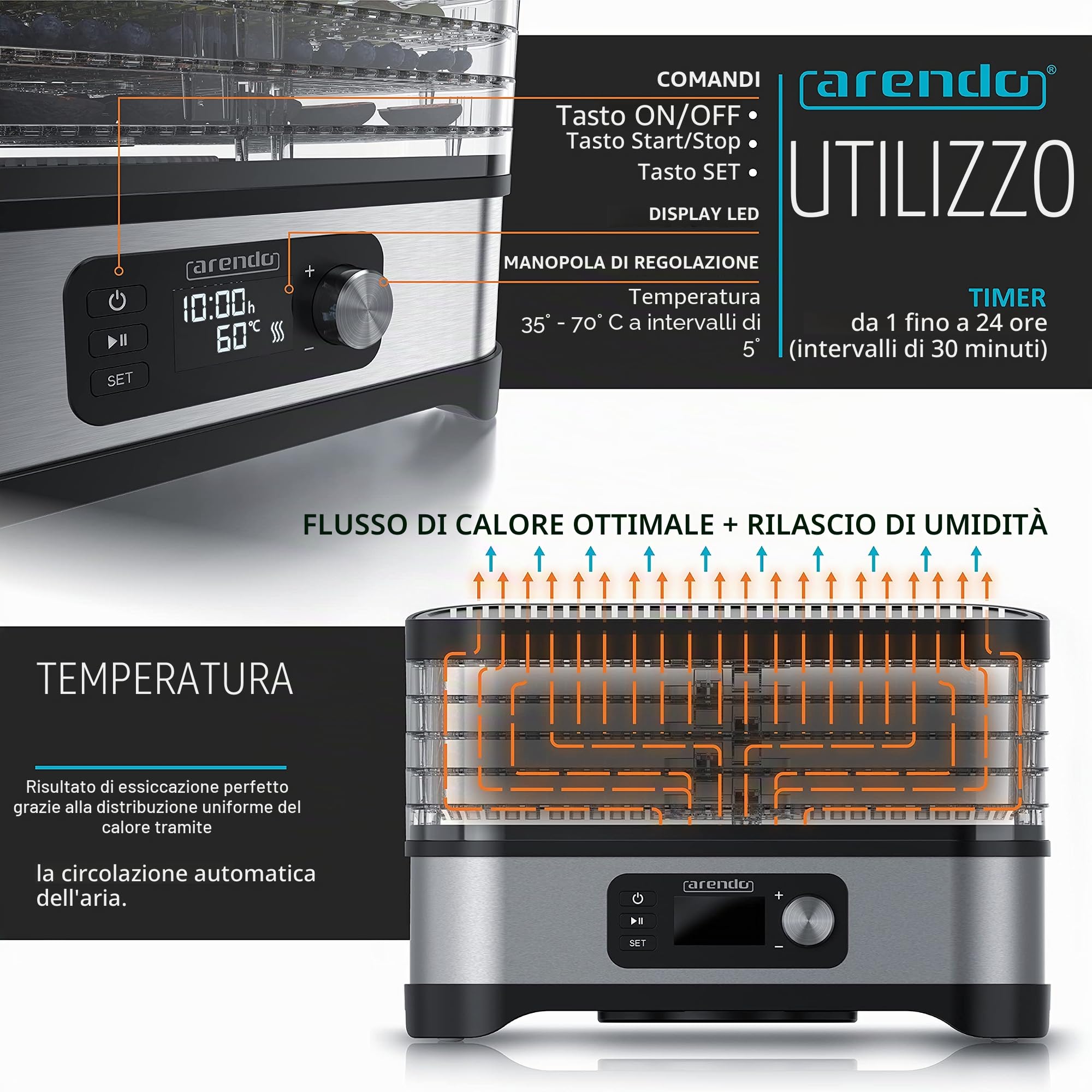 Arendo - Essiccatore con regolatore di temperatura 400 W - disidratatore in acciaio inox per alimenti, carne, frutta e verdura - con timer fino a 24 h - 35-70 gradi - 5 scomparti - GS - Disidratatore