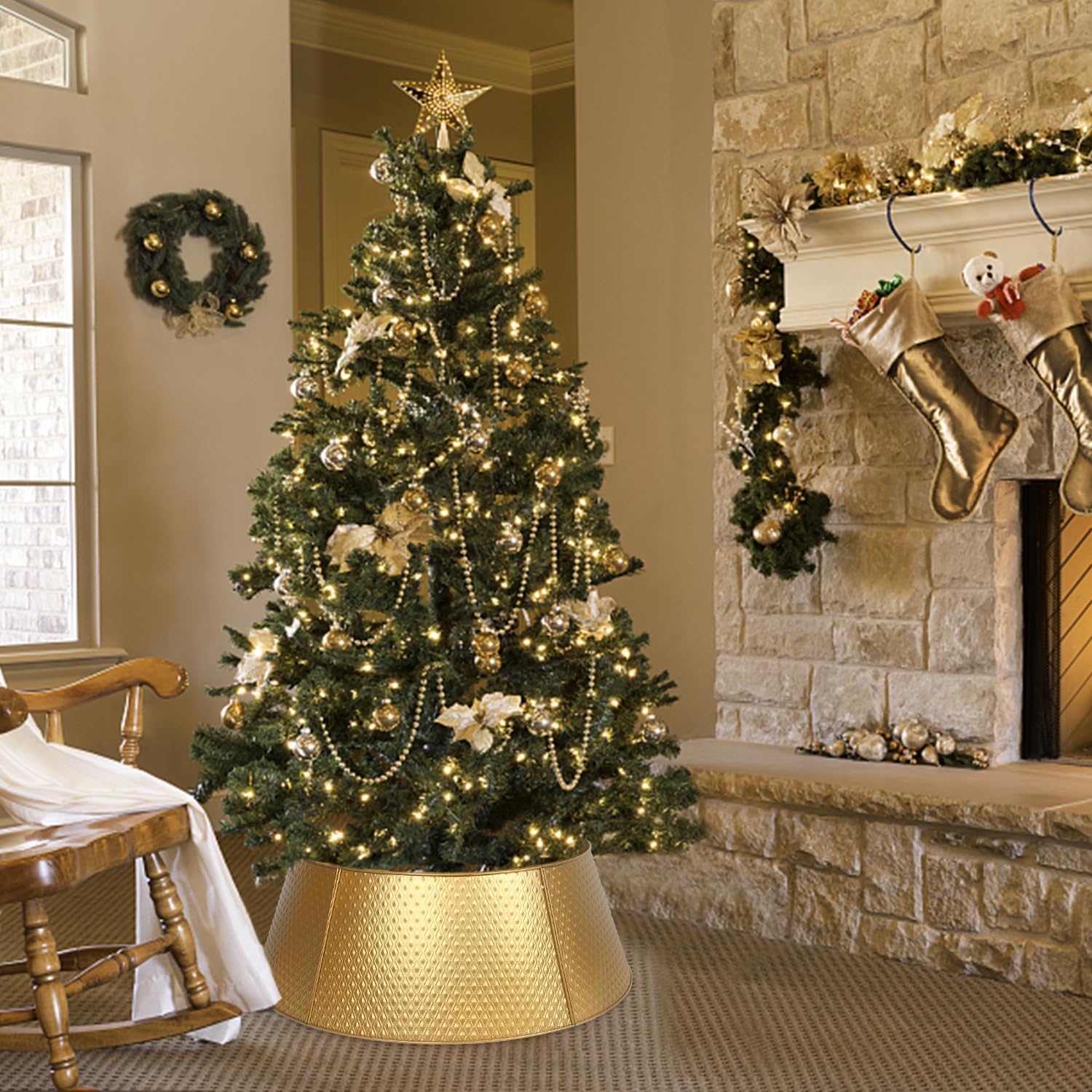 FORUP Metal Christmas Tree Collar, 27.6" Christmas Tree Ring, Christmas Tree Skirt Base Stand Protection from Pets, Tree Base Cover for Christmas Tree Decorations (Gold)