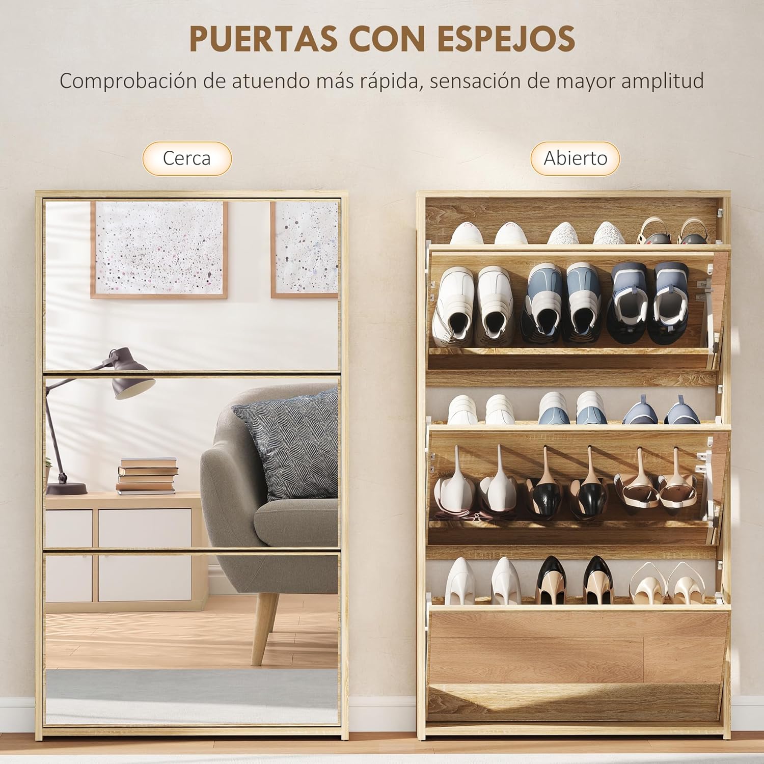 Dos views of the shoe cabinet: one with mirror doors closed, and another with all three compartments open.