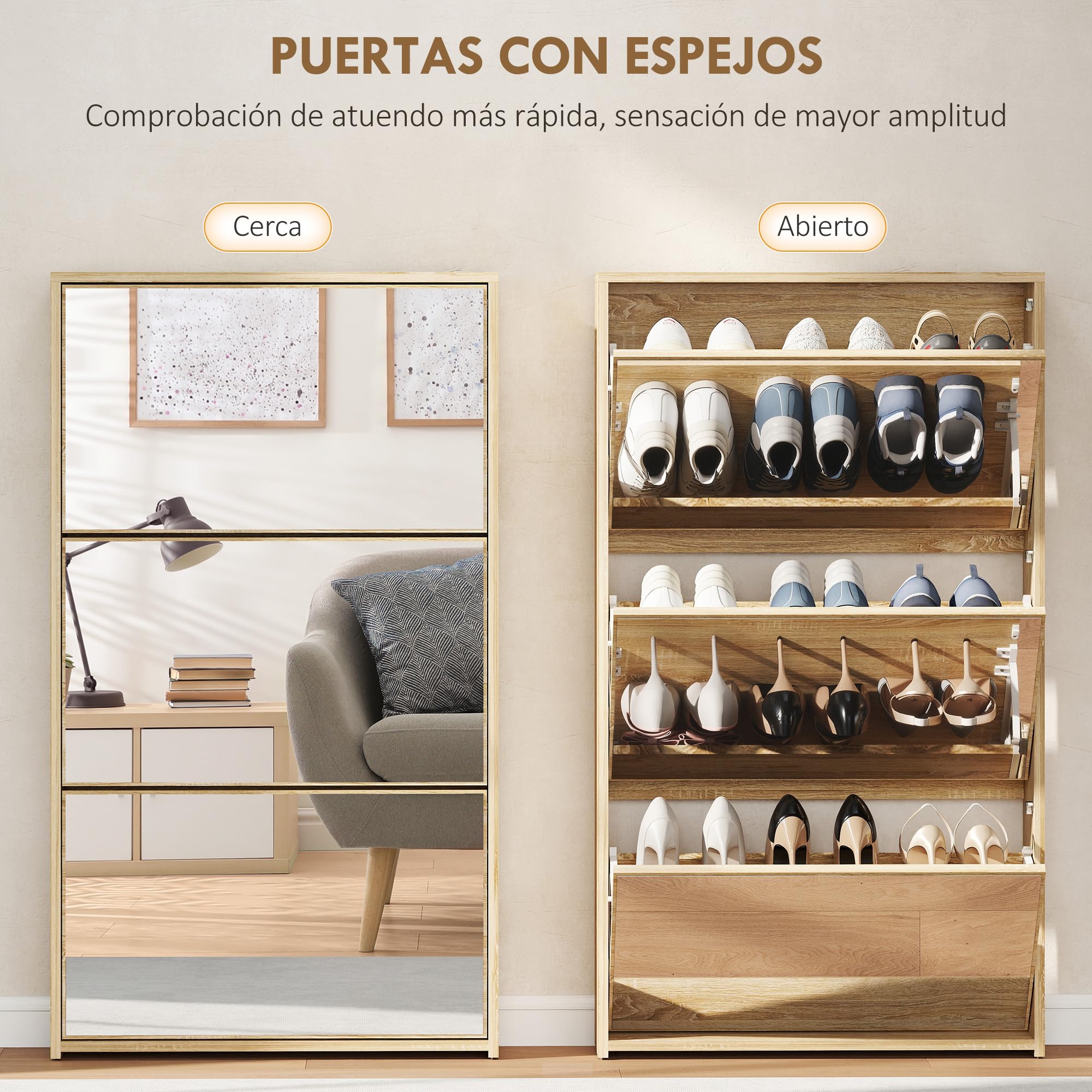 HOMCOM Zapatero Estrecho 3 Puertas con Espejo 65x17x114,5 cm Natural | Zapatero Entrada Recibidor, para 9 Pares de Zapatos, para Pasillo, Espacios Reducidos