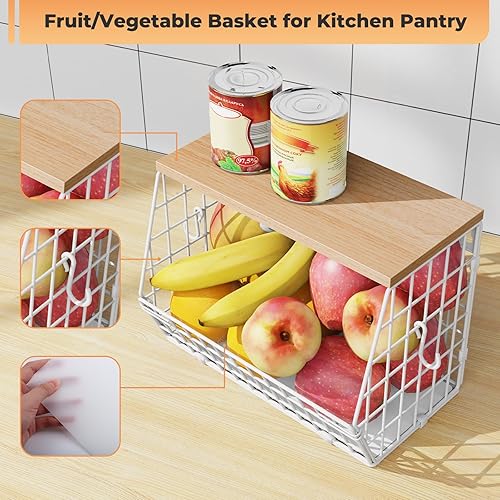 Miniatura 3 de Cesta de alambre para fruta, color blanco, cesta de almacenamiento de frutas y verduras, cesta de frutas para encimera de cocina, apilable, para