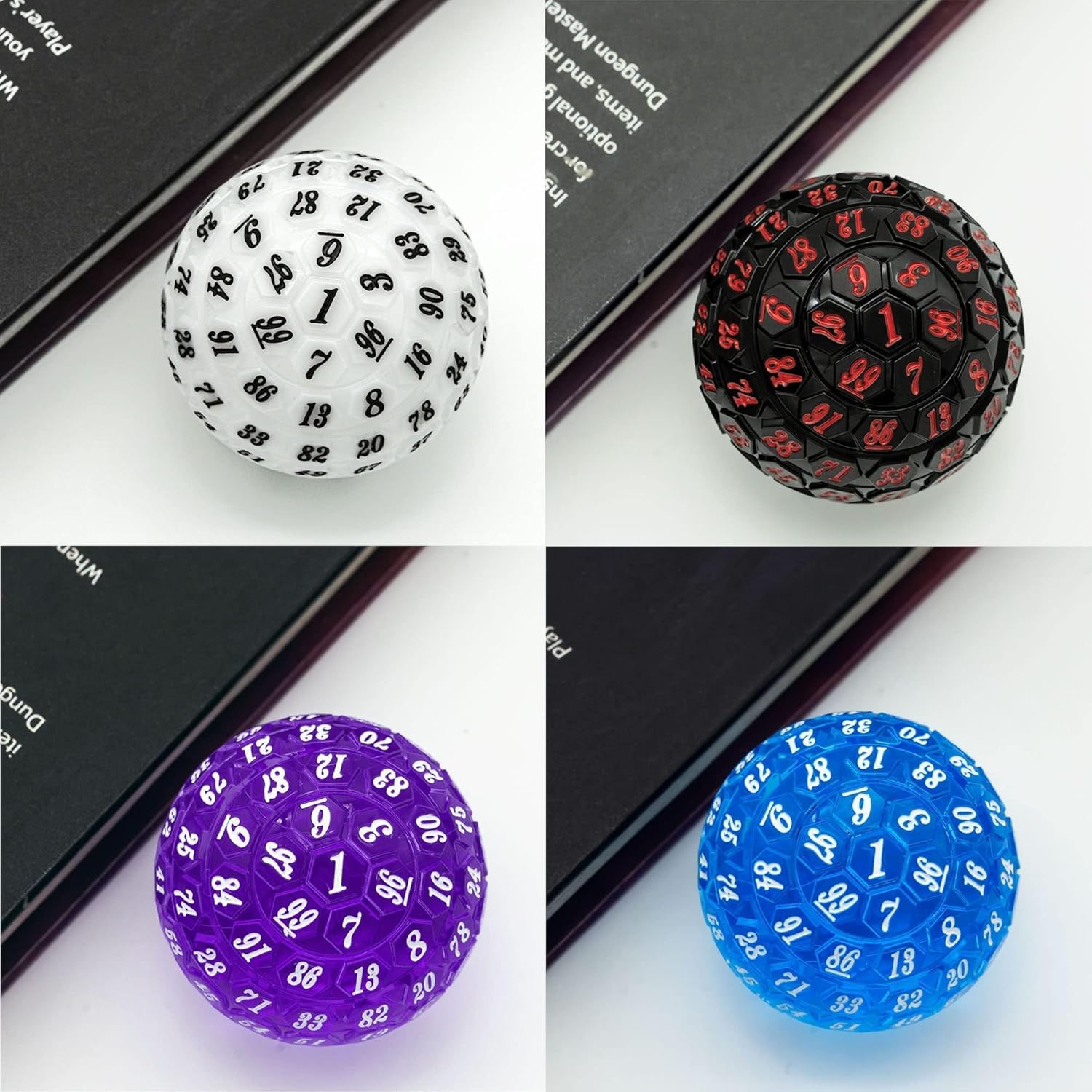 100 Sided Polyhedral Dice, Single D100 Game Dice, 100 Sided Cube with Black Pouch, D100 die 48 mm (Black with Blue Number)