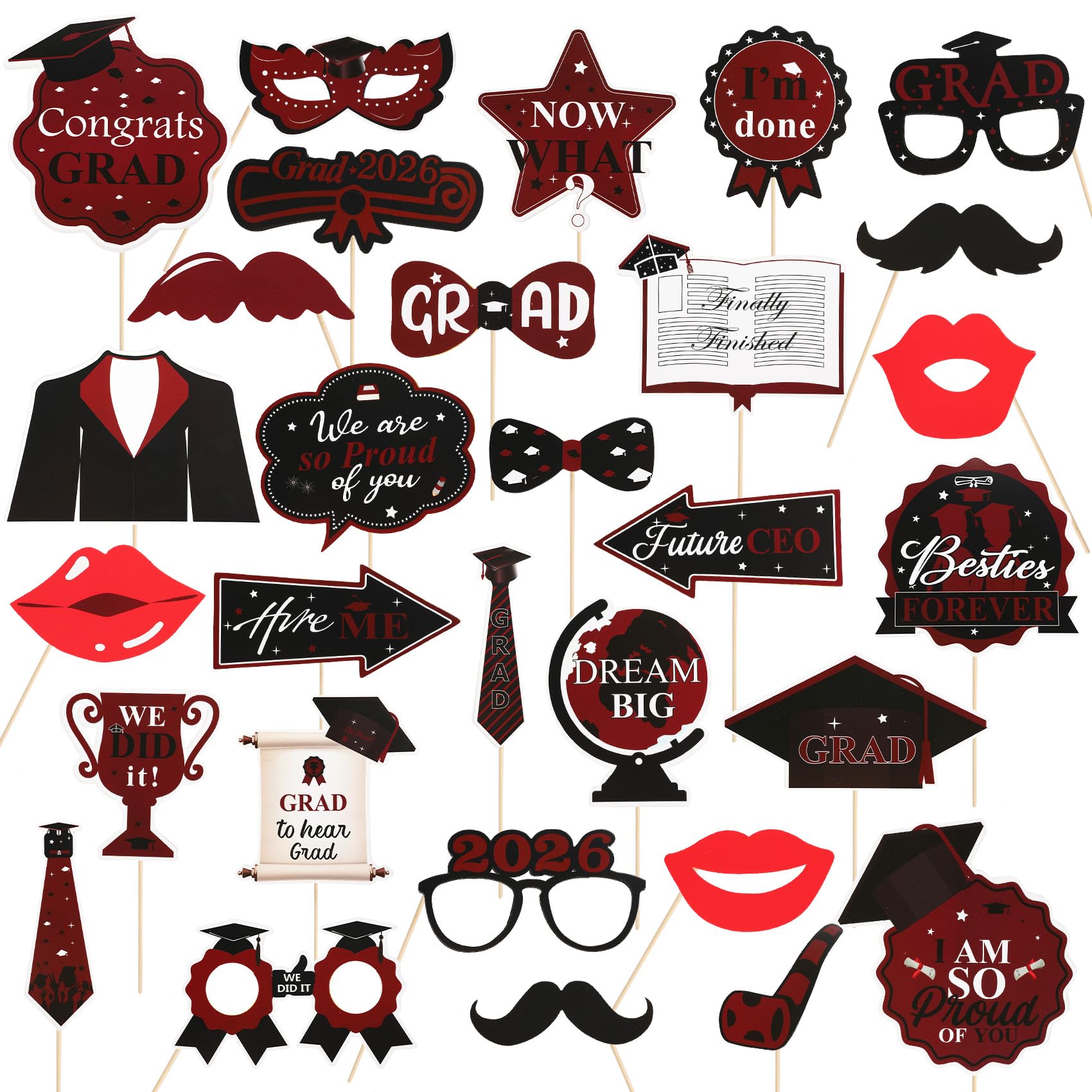 30 Pcs Graduation Photocall, Photo Accessories, Graduation Decorations, 2026 Party Props, Festival Supplies for Academic Celebration（Burgundy & Black）