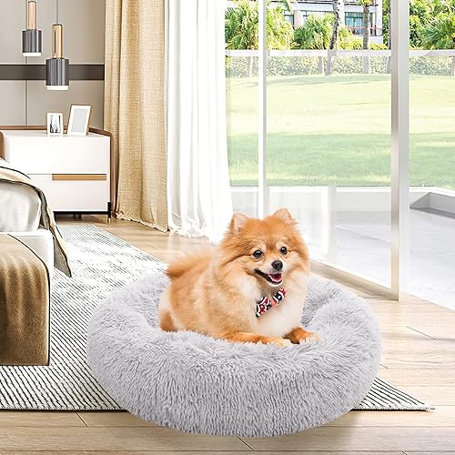 Miniatura 6 de NOYAL cama de dona para perro o gato, suave cojín de felpa, antideslizante lavable a máquina, cama calientita para mascotas, mejora el sueño de los