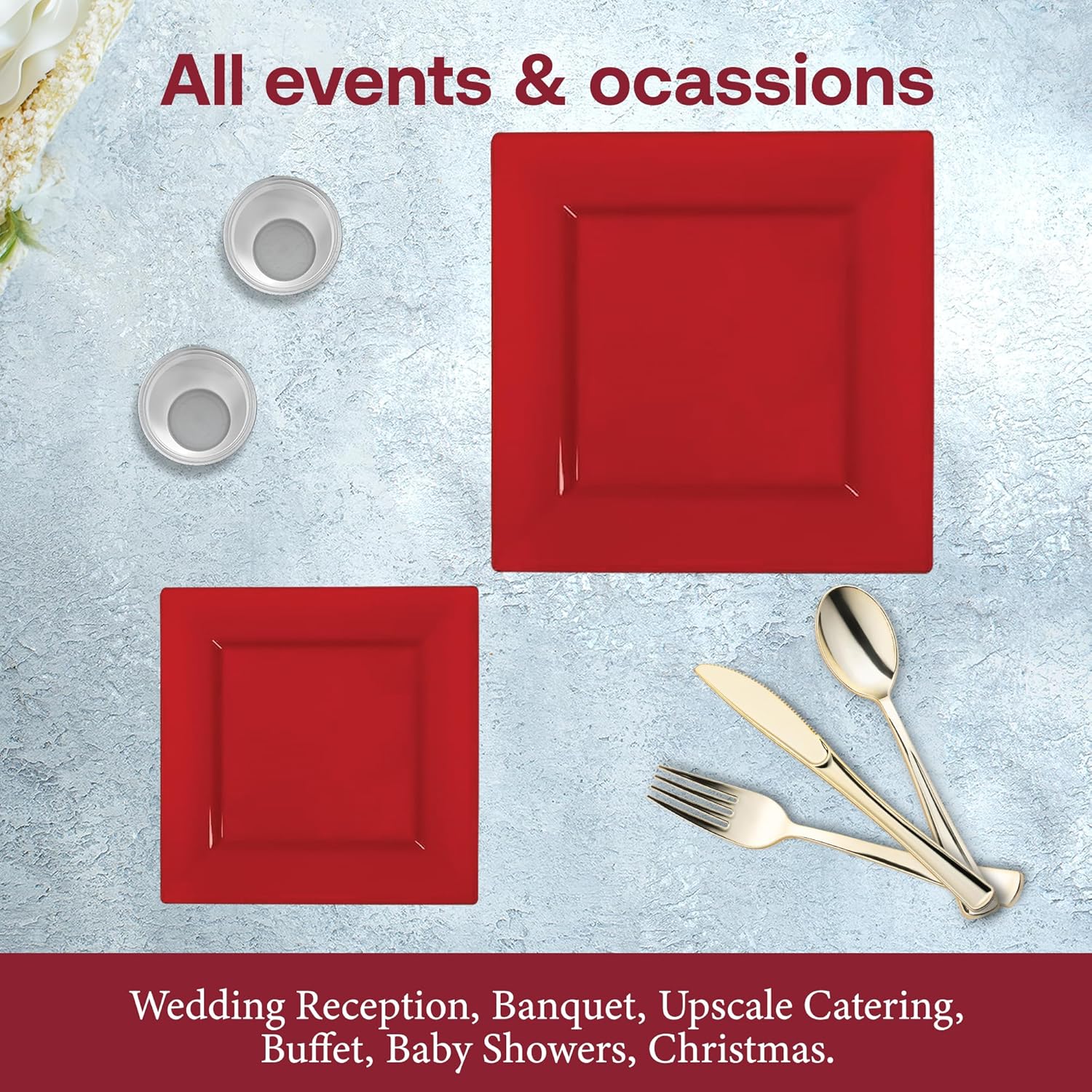 Smarty Had A Party 120 Elegant Disposable Plastic Dinnerware Set, Red Heavy Duty Plastic Plates, Combo Plate Set