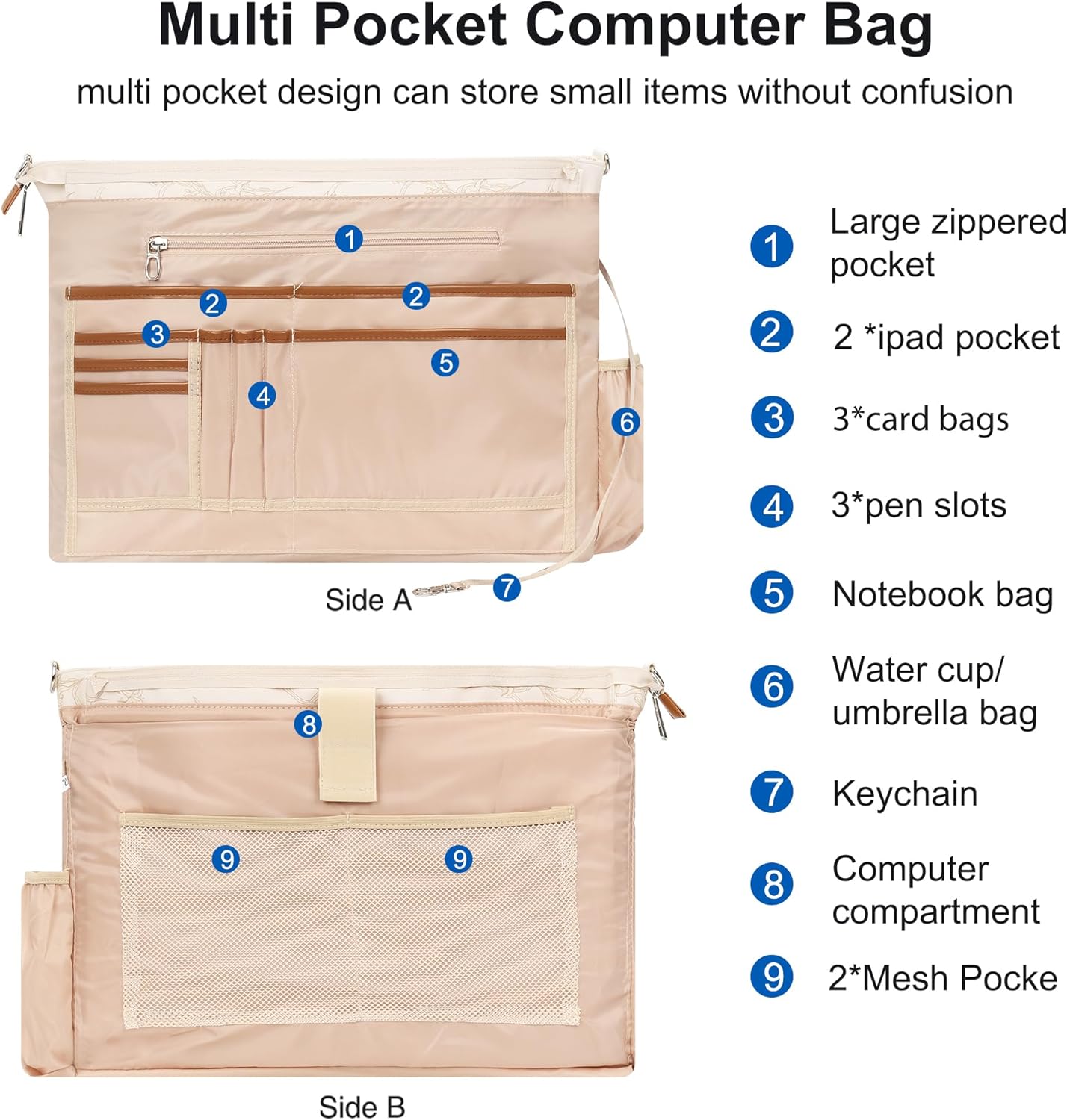 Laptop Bag for Women 17 Inch, Leather Laptop Tote Bag Waterproof Computer Bag Office Work Bag Business Briefcase with Compartment&Shoulder Straps (A3-Beige/Brown Flower, 17.3 inch) - Image 4