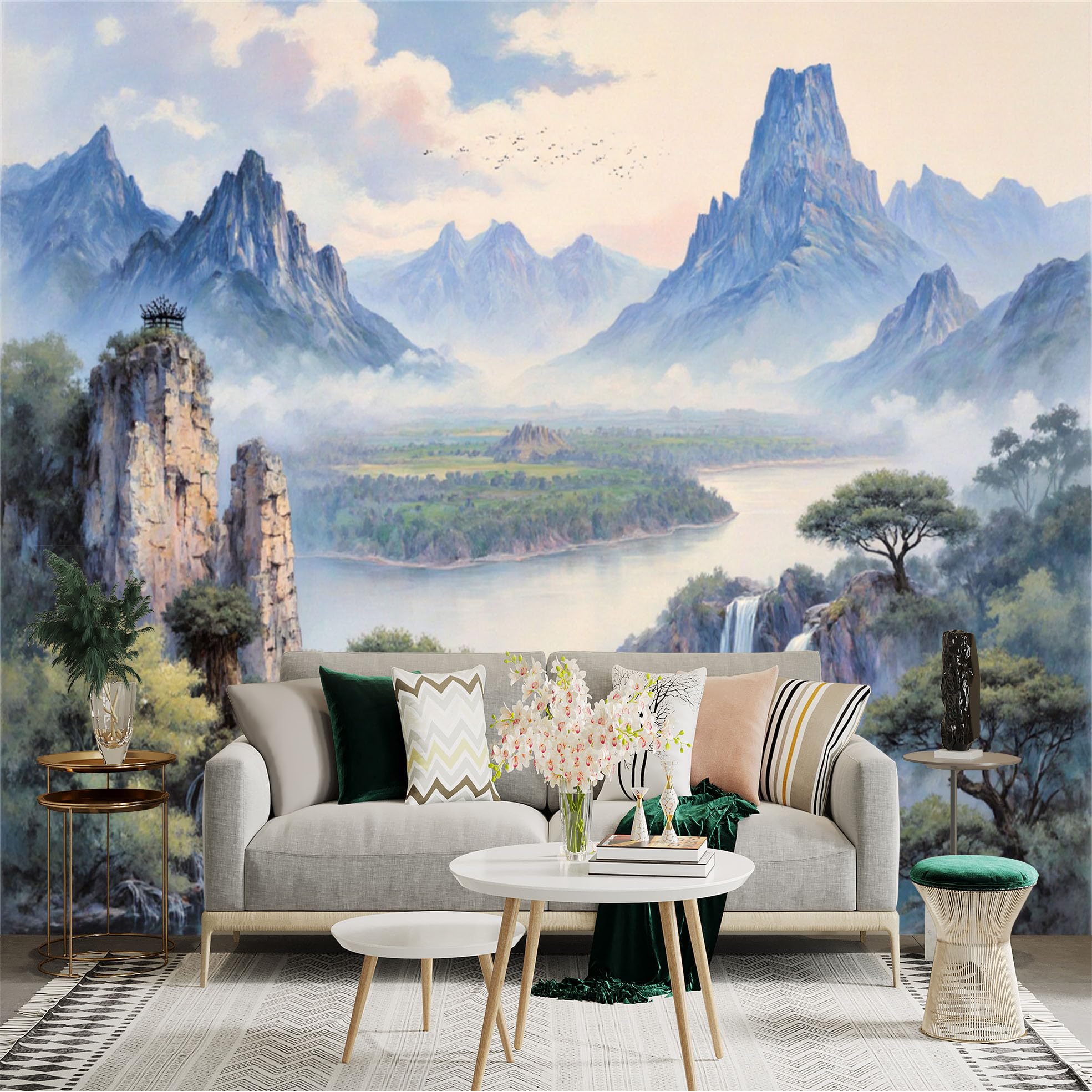 Custom Size Wall Sticker Mural， Misty Mountains with River， Waterfalls and Trees Landscape， for wall Decoration， peelandstick wall Decals.
