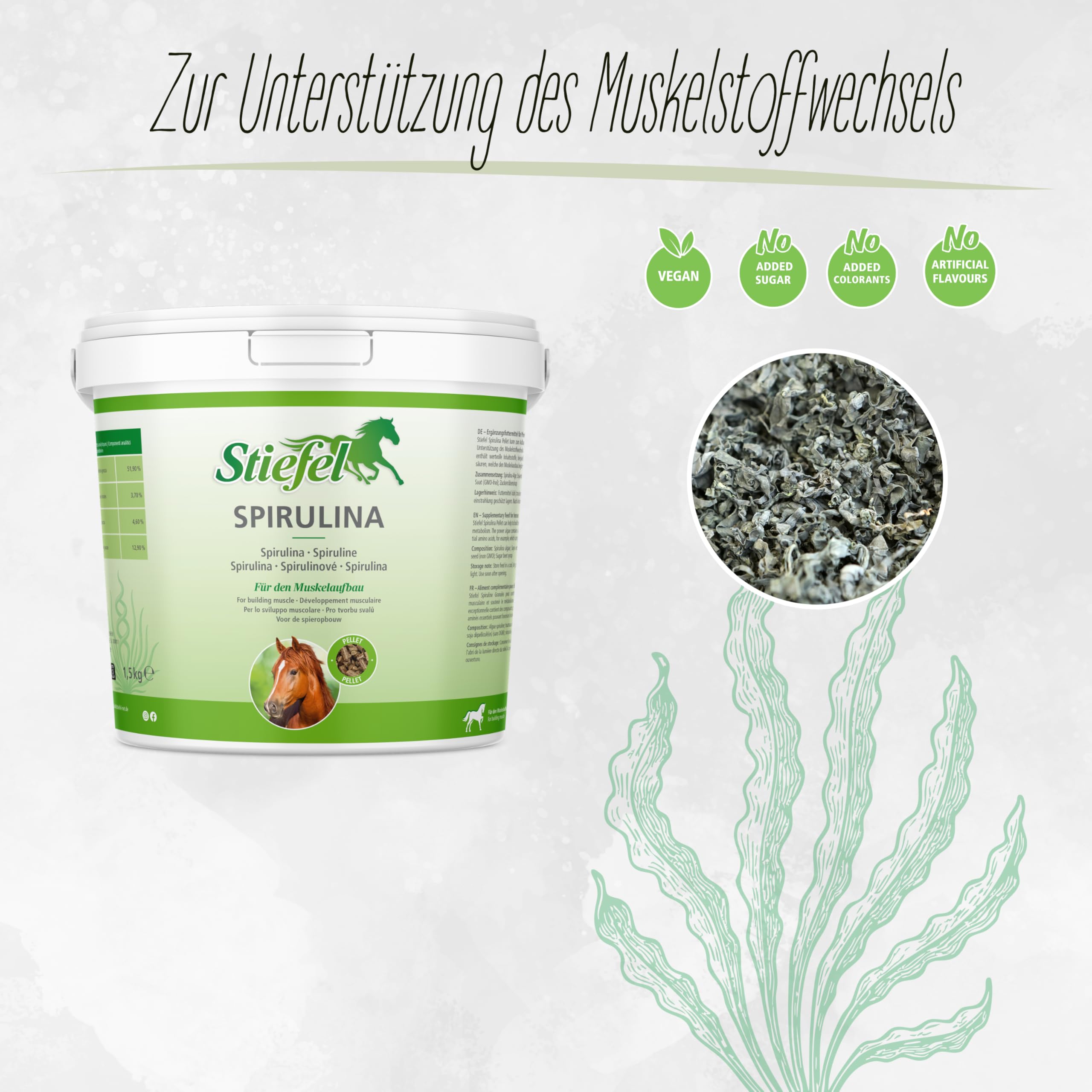 Stiefel Spirulina für Pferde, zur Unterstützung des Muskelstoffwechsels, begünstigt den Muskelaufbau, Algen, Mikroalge, ideal für Freizeit-, Sport-, Leistungs- & Zuchtpferden, Peletts, 1,5kg