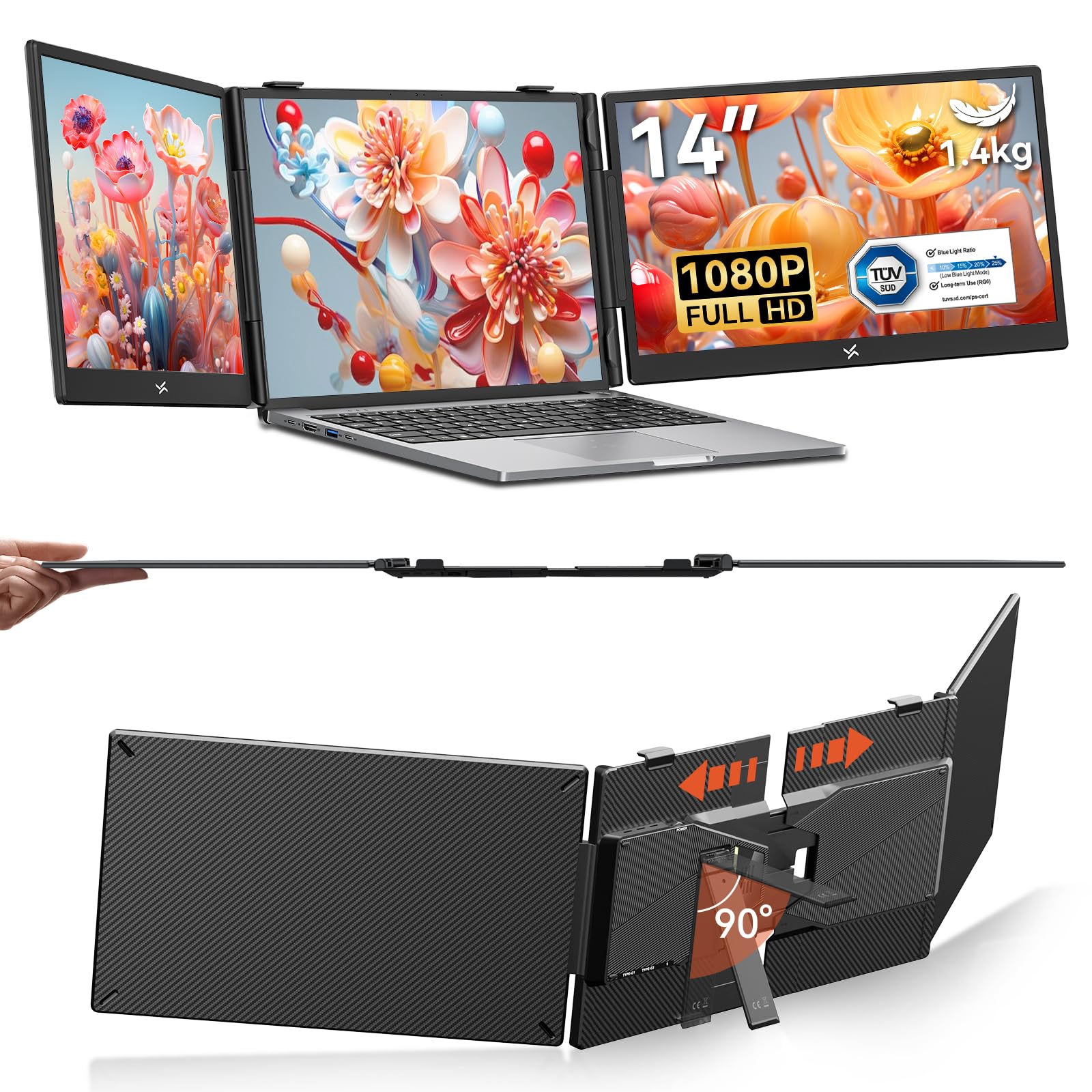 PX5 Pro Triplo Monitor Portatile per Laptop 14" FHD IPS 300 nit, Schermo Esterno USB-C Plug & Play Senza Magneti, Secondo Schermo per Smart Working, Viaggio e Ufficio