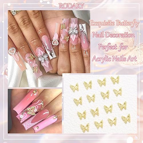 Miniatura 3 de RODAKY 50 dijes de mariposa para uñas, aleación 3D, mariposas, gemas de metal dorado para uñas, decoración de uñas brillantes para mujeres, diseño