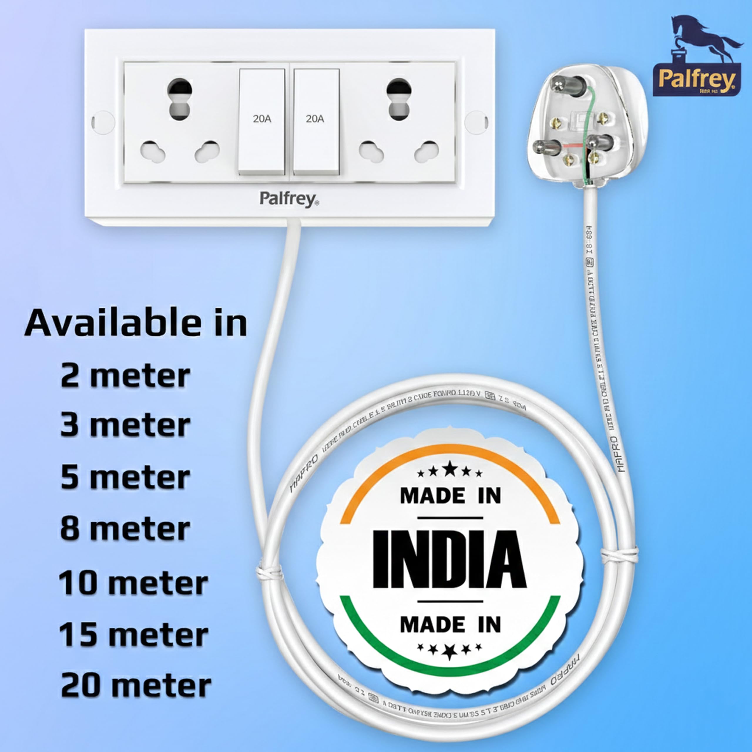 Palfrey Electric Extension Board - 16A/20A + 16A/20A with Two Switch and Heavy Duty 2 Meter Wire (2200W) (White), 240 Volts — Amazon image 7