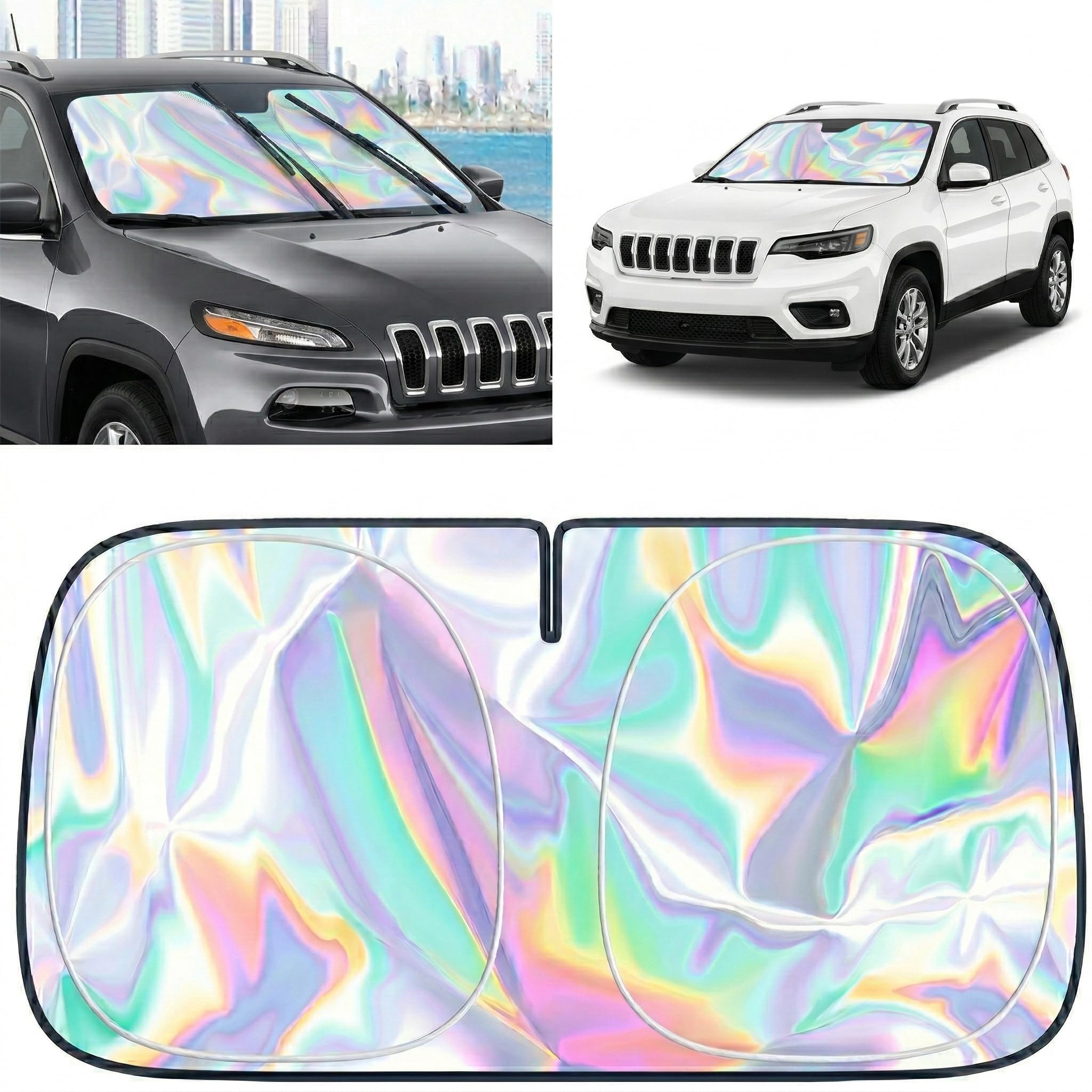 for Jeep Cherokee 2014-2024 Windshield Sun Shade - Foldable Windshield Cover Sun Shade for Cherokee Accessories Protect Car from Sun Rays Overlapping UV Reflective Window Sunshade