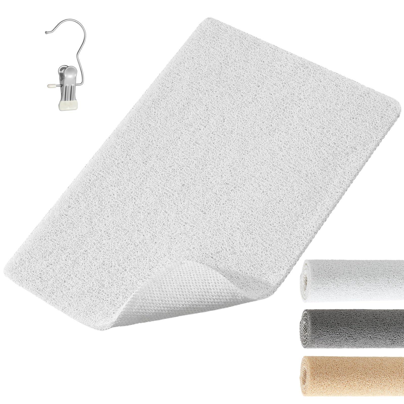 XIYUNTE Soft Shower Mat Non Slip Anti Mould 60 x 40 cm, INCL. Hooks for Drying, PVC Bath Mat Non Slip Anti Mould, Loofah Shower Mats for Inside Shower, BPA-Free for Children and Elderly, White