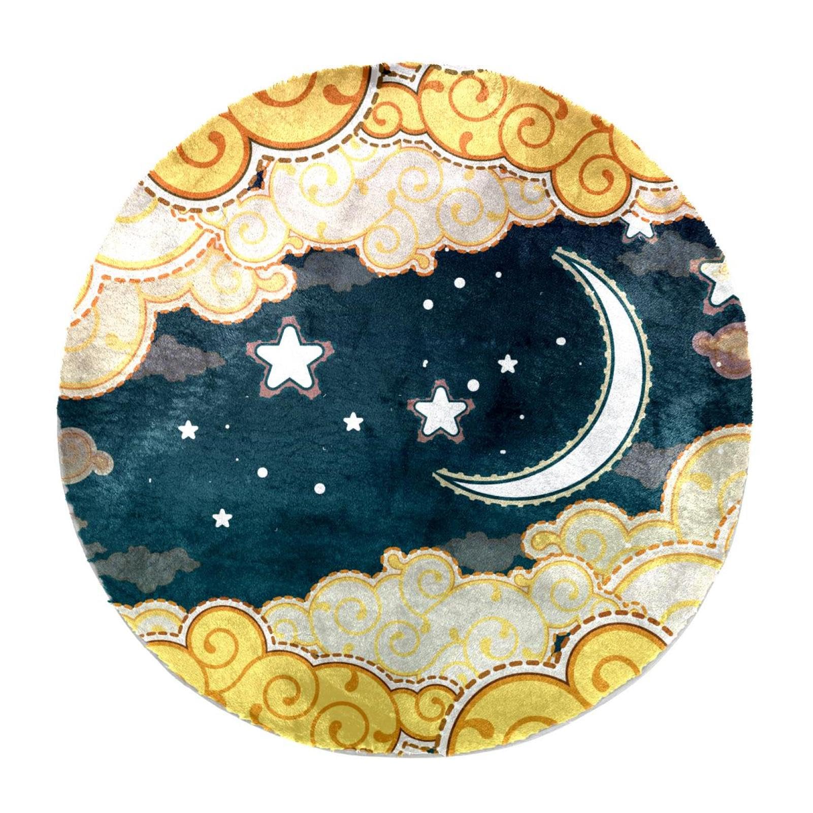 Grand tapis rond moelleux de luxe à poils longs - Tapis doux et antidérapant - Motif lune, étoiles, ciel nocturne - 100 cm - Pour chambre d'enfant