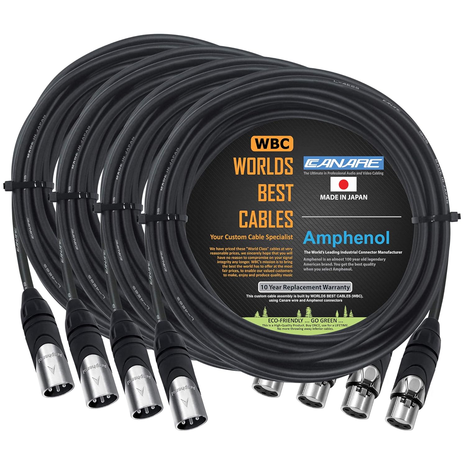 WORLDS BEST CABLES 4 Units - 18 Foot - Canare L-4E6S, Star Quad Balanced Male to Female Microphone Cables with Amphenol AX3M & AX3F Silver XLR Connectors - Custom Made