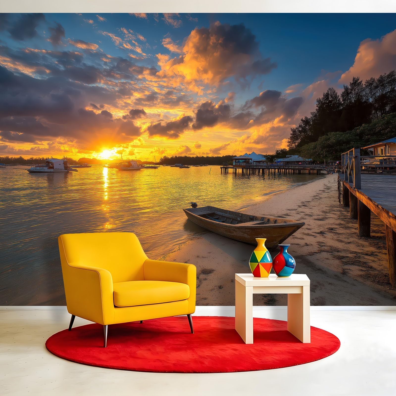Fototapeta z włókniny, tropikalna plaża 200 x 140 cm, do salonu, sypialni, tapeta na flizelinie, efekt 3D, zachód słońca, drewniana łódź kokosowa