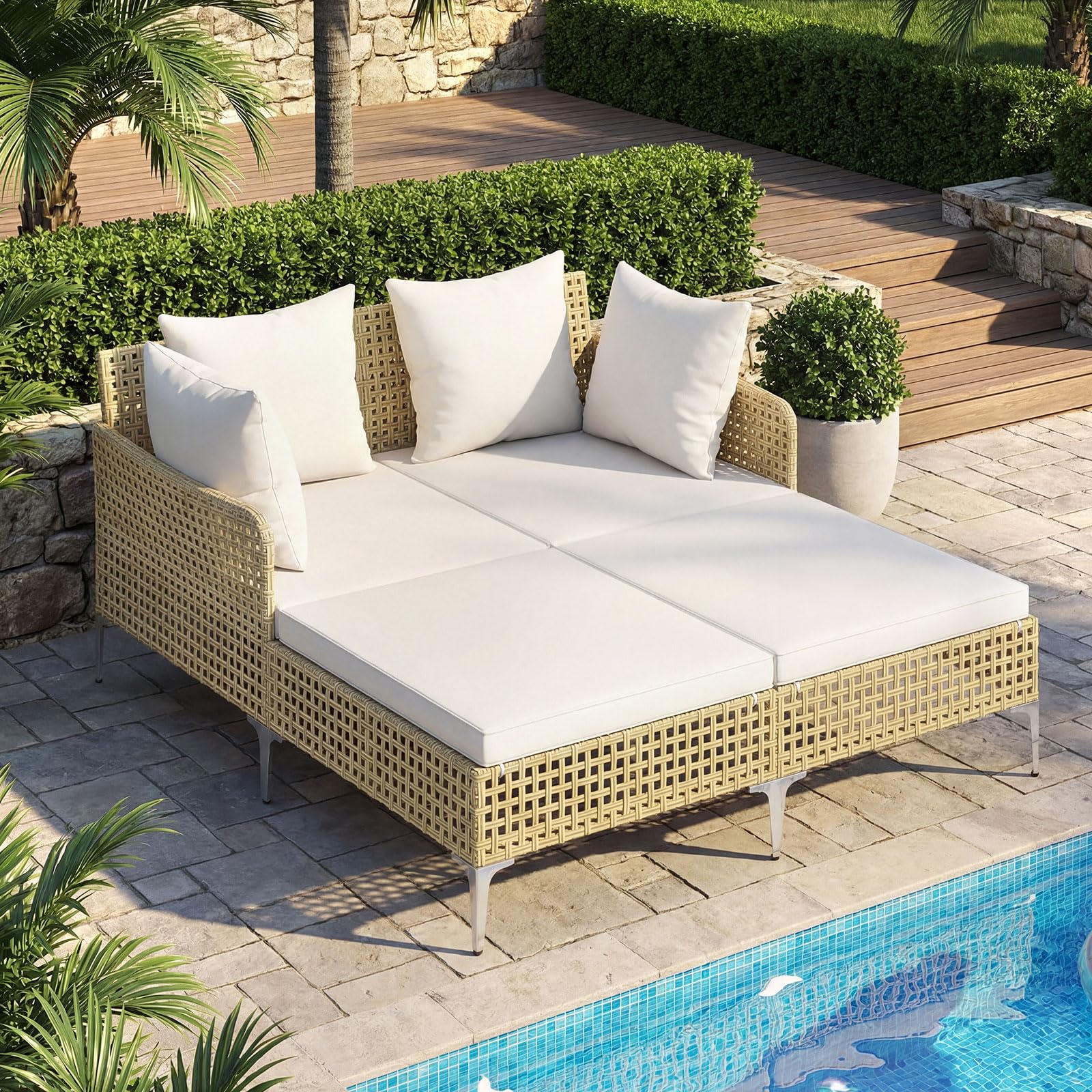 COSTWAY Sonnenliege 2 Personen, Rattan Doppelliege mit Sitz- & Rückenkissen, Gartenliege wetterfest, Liegestuhl, Sonnenbett, Outdoor Liege für Garten, Terrasse, Balkon