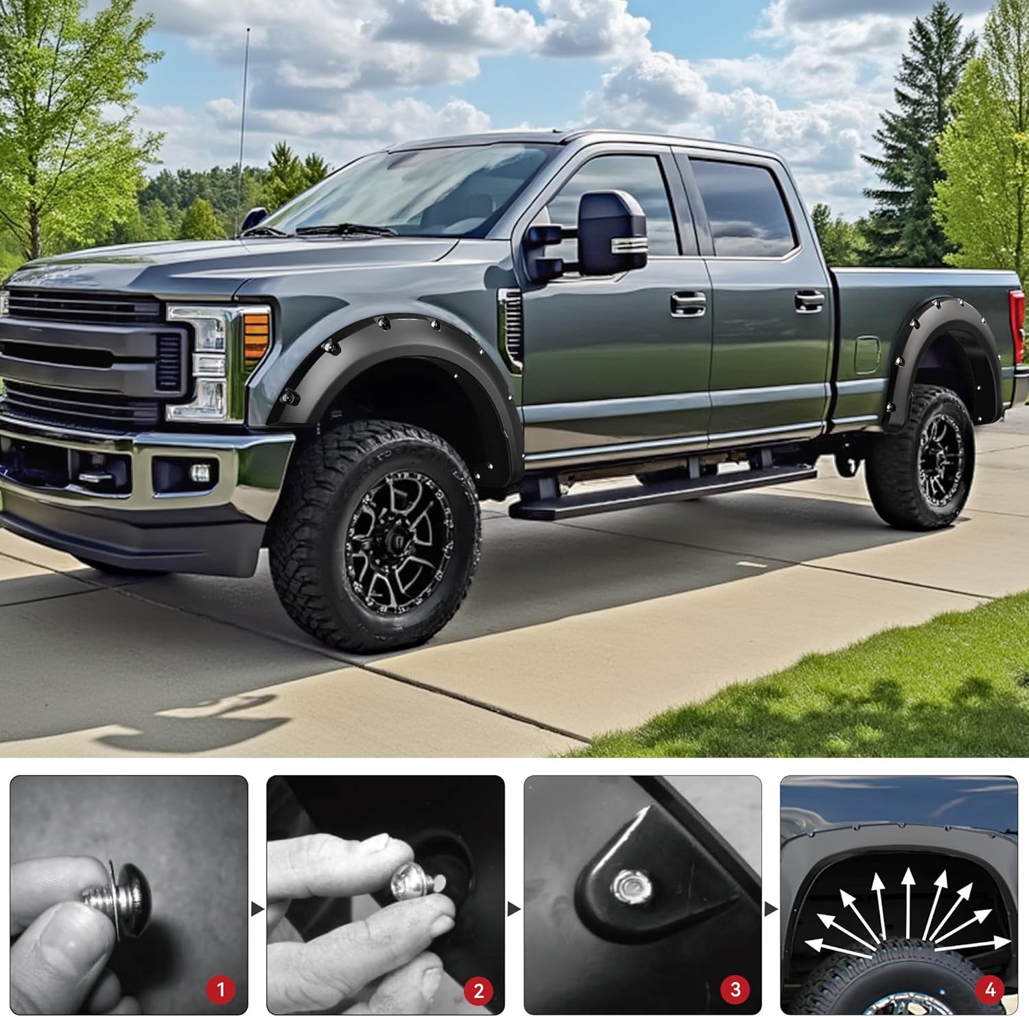 YITAMOTOR Front Rear Fender Flares Compatible with 2023-2026 Ford F-250 F-350 Super Duty, Smooth Black Pocket Riveted Truck Wheel Fenders, 4 Pcs