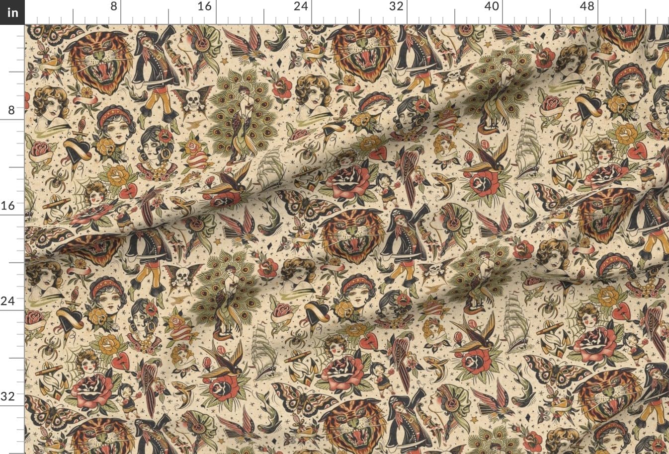 Spoonflower Fabric - Retro Tattoos Vintage Style Art Traditional Neutral Nautical Exotic Printed on Chiffon Fabric Fat Quarter - Upholstery Home Decor Bottomweight Apparel