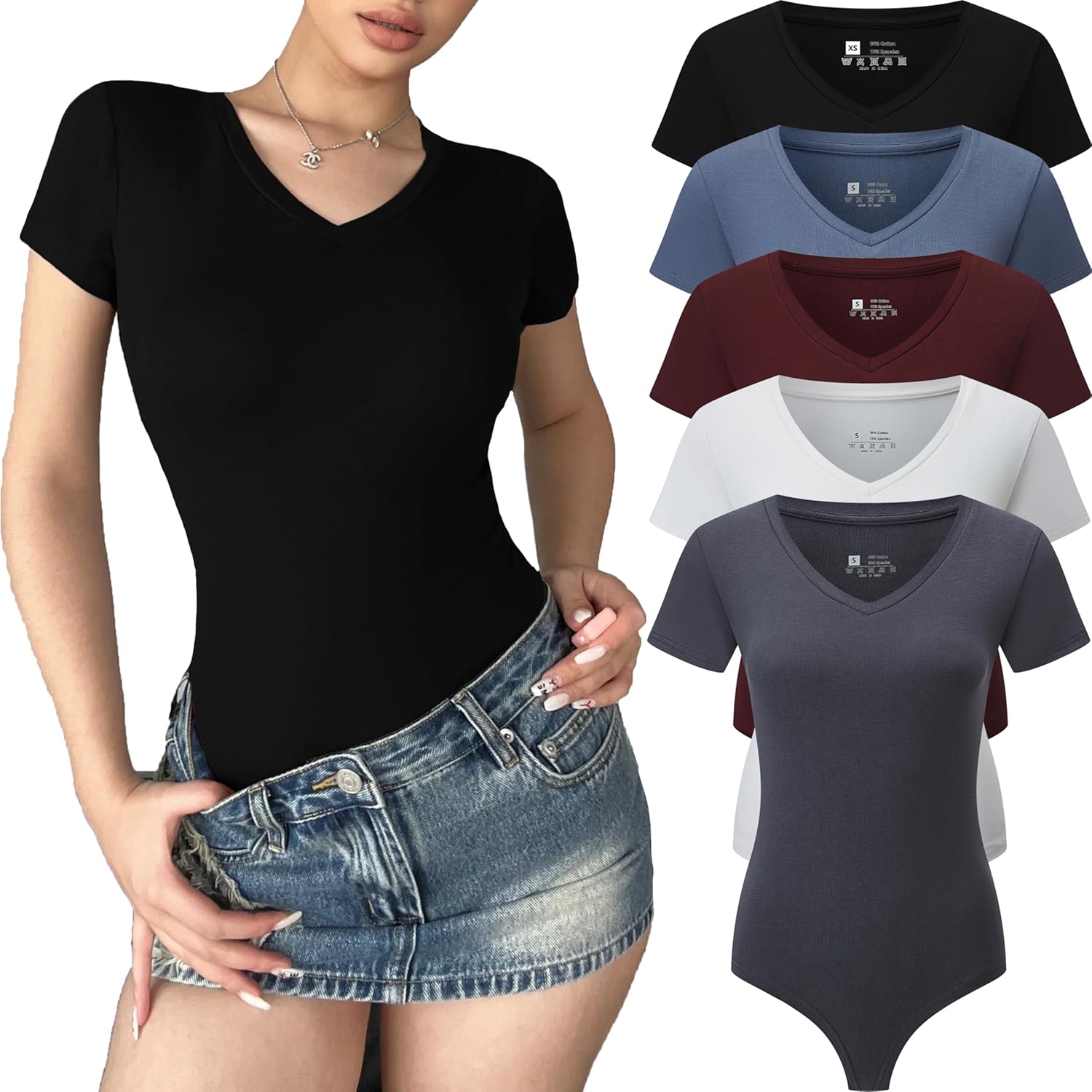 FMNNNN 5 Piece Body Suits for Womens Short Sleeve V Neck Casual Stretchy Basic T Shirt Bodysuit Shirts
