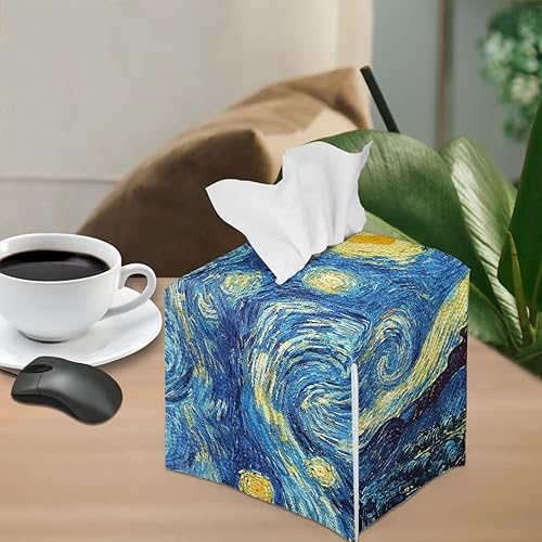 Miniatura 4 de DISNIMO Van Gogh - Funda cuadrada de piel sintética para caja de pañuelos de noche estrellada, impermeable, decorativa, cuadrada, para mesa,