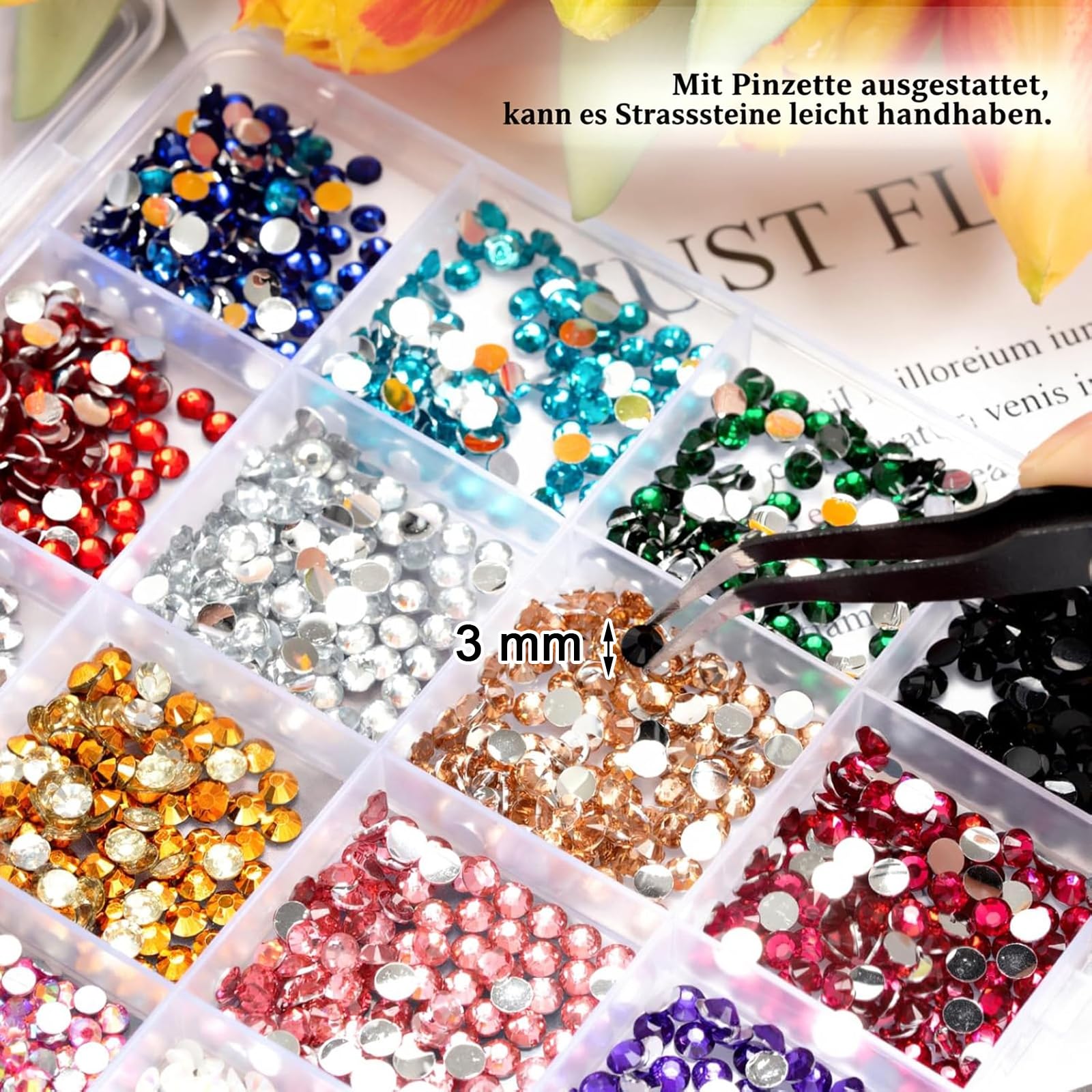 3500 Bedazzler Kit With Glue, 24 Farben 3mm 4mm Strasssteine Nägel, Flatback Rhinestones mit Glue Pinzette und Stift, Glitzersteine zum Basteln, Glitzer Steine für Nägel Textilien