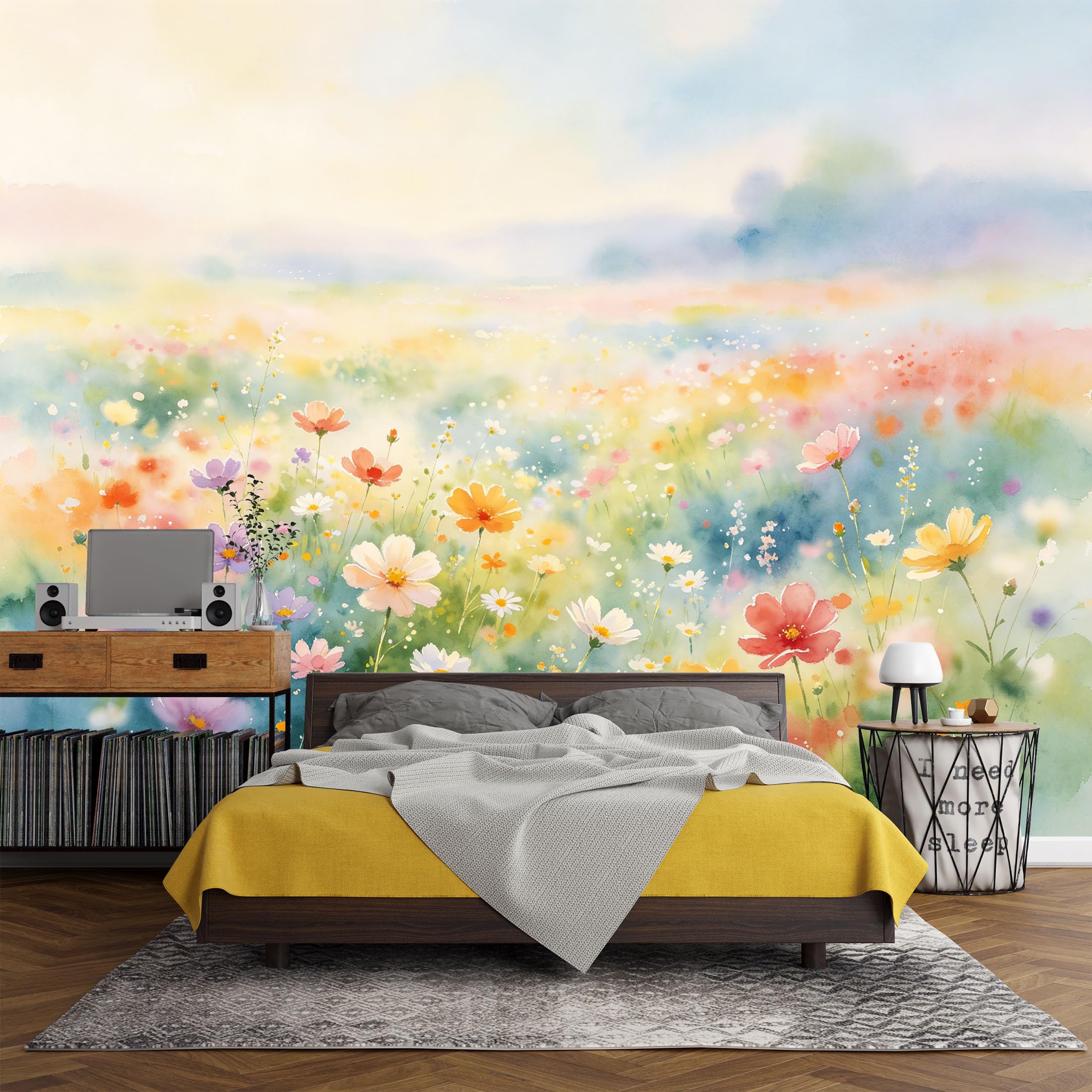 Custom Size Wall Mural， Botanical Wildflower Meadow Watercolor Pastel Spring Landscape，SelfAdhesive Art Prints wall Fabric (No PVC) Removable Wallpaper Living Room Decor