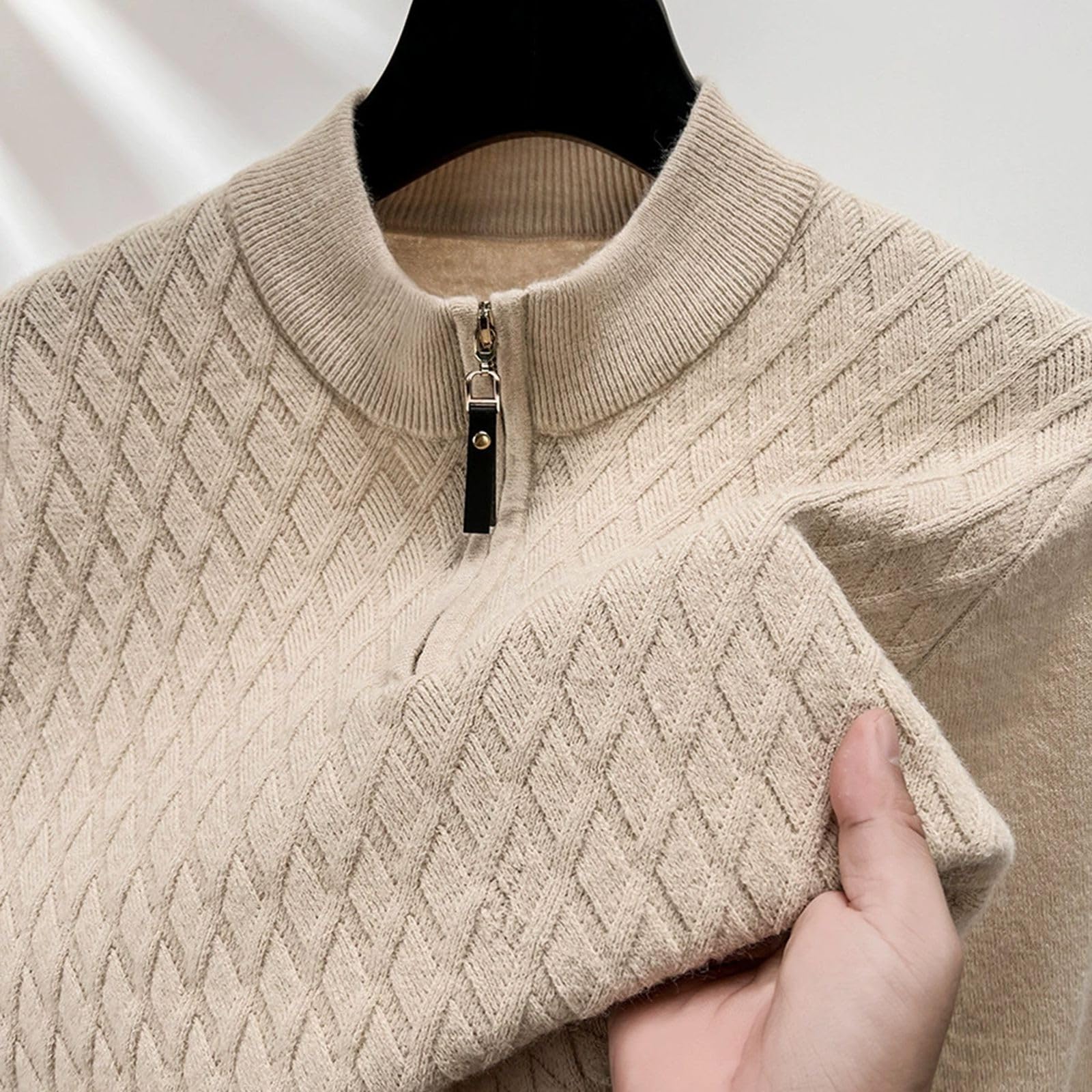 Pull Homme Col Zippé, Pull Homme Hiver,Pull d'hiver en Tricot à Motif Jacquard Texture Chaude Manches Longues Doux Confortable DéContracté pour L'Automne Isolation Thermique éLéGant Superposition