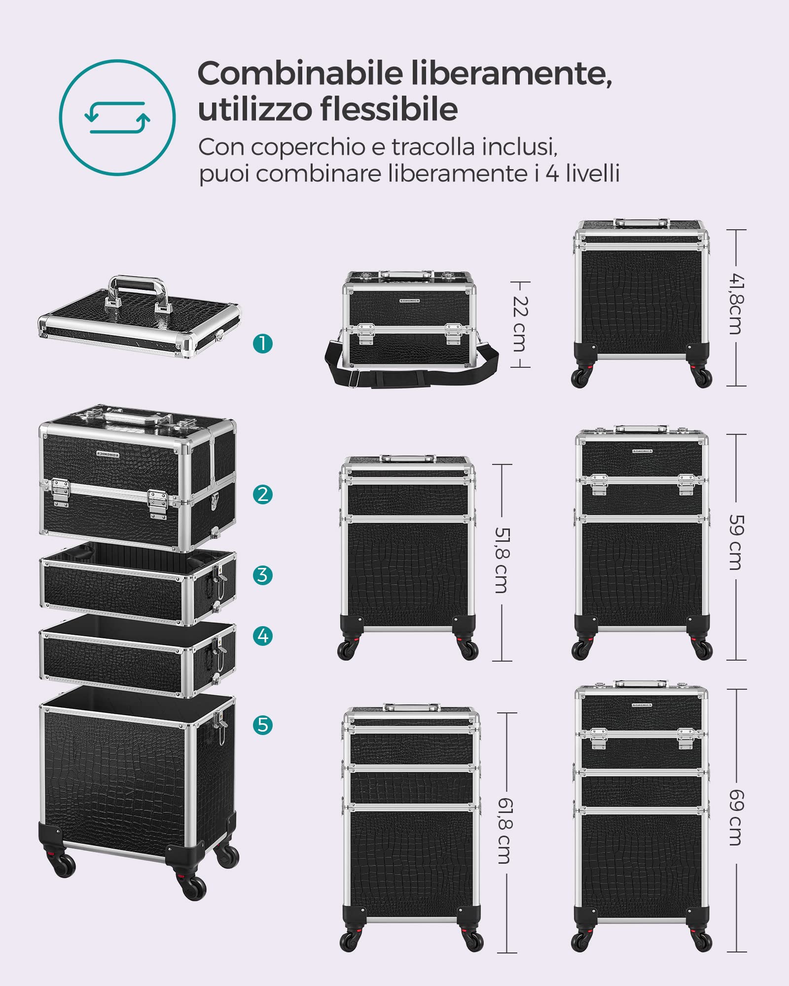 SONGMICS Valigetta Trucchi, Valigia Porta Trucchi 4 in 1, Grande, Trolley Make Up, con Coperchio, 35 x 25 x 79 cm, Serratura, Ruote Girevoli a 360°, per Truccatori, Idea Regalo, Nero JHZ06B