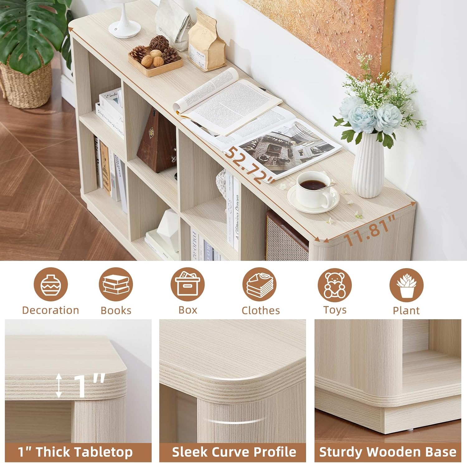 Joaxswe 8 Cube Storage Bookcase, 52" Long Horizontal Book Shelf w/Curved Edge, Wood Low 2-Tier Cubby Console Bookshelf with Base, Modern Floor Standing TV Stand for Living Room, Gray-White Cream Oak