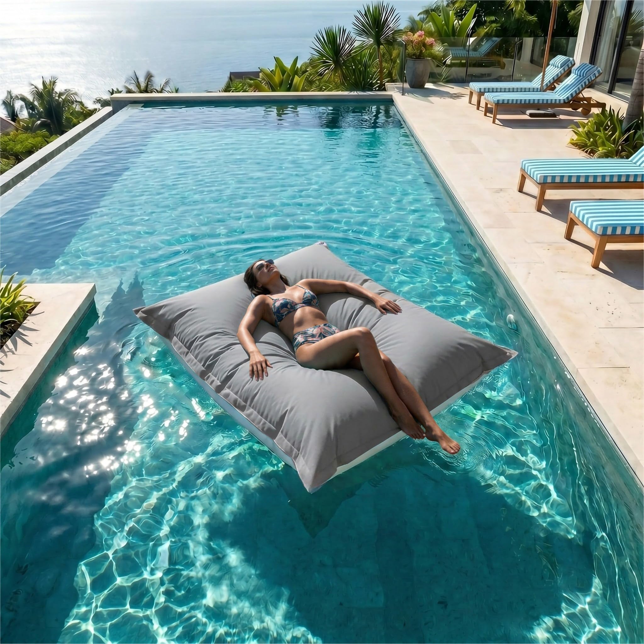 Housse pour Pouf Géant XXL 180x140cm Déhoussable Flottant Piscine Gris Galet