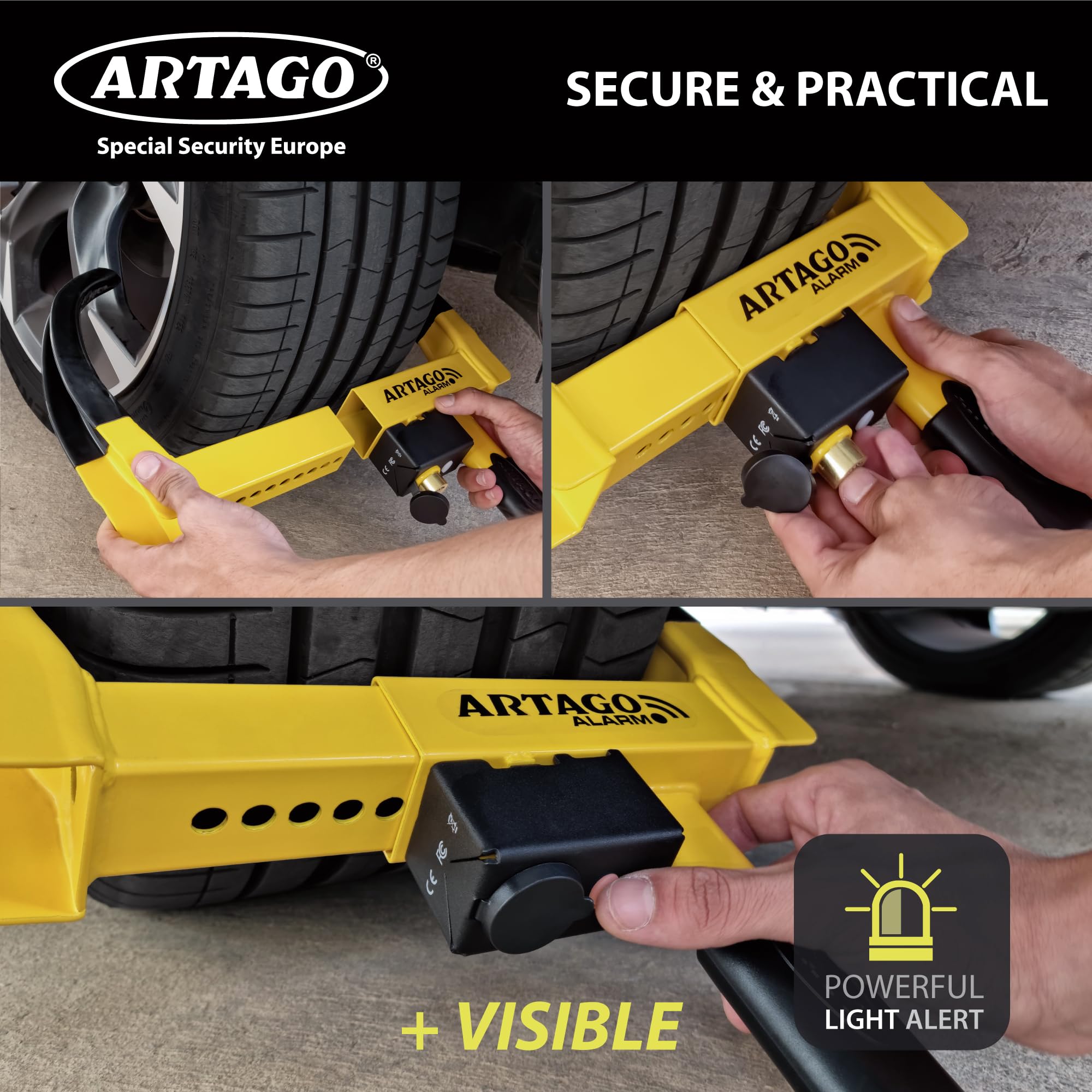 ARTAGO ART872 High-End Alarm Wheel Clamp Lock, Exclusive Patented Anti Theft Device, Don't Touch System, 120dB, Long Lasting Battery, Universal Auto Car Boot for Tires Trailer, Van, Golf Cart, Camper