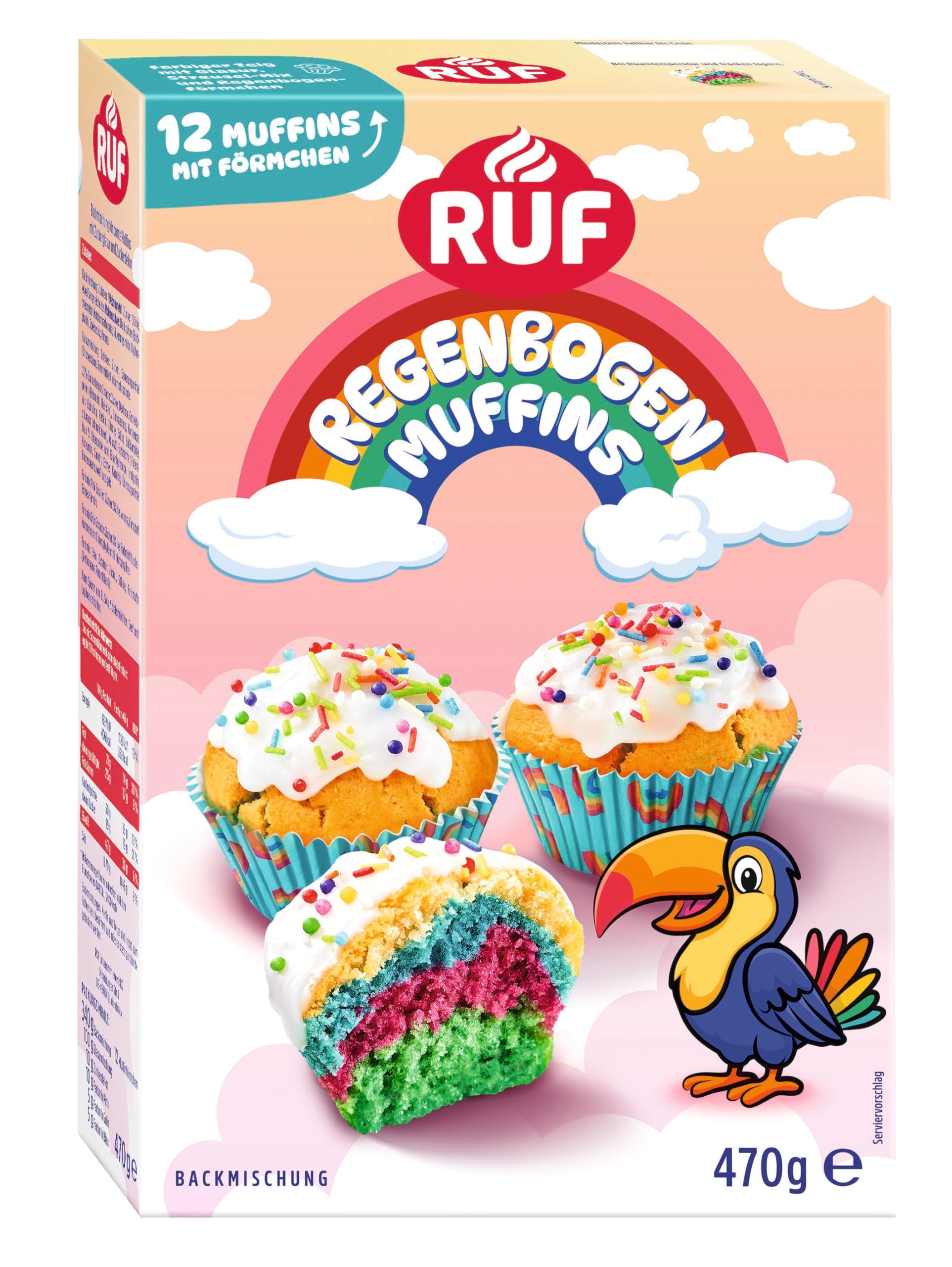 RUF Regenbogen Muffins Backmischung für 12 bunte Muffins mit Zuckerglasur und Streuselmix, inkl. Regenbogen-Förmchen, perfekt für gemeinsames Backen oder Kindergeburtstage