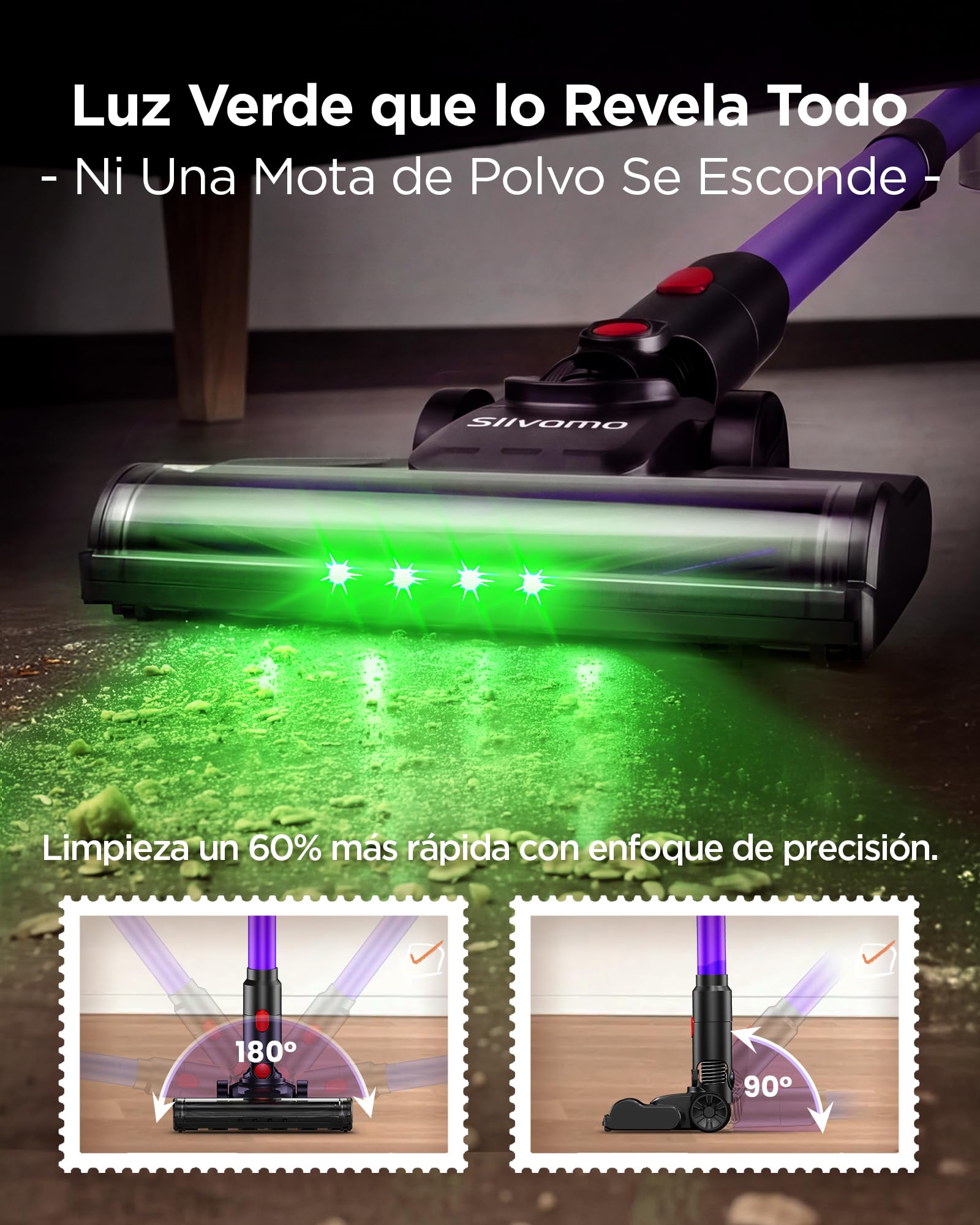 S16 Aspiradora sin Cable, 50kPa/600W/45min, Batería Extraíble, Aspiradora de Mano Ligera con Luz LED Verde, Aspiradora Escoba Inalámbrica para Pelo de Mascota/Suelo Duro, Violeta
